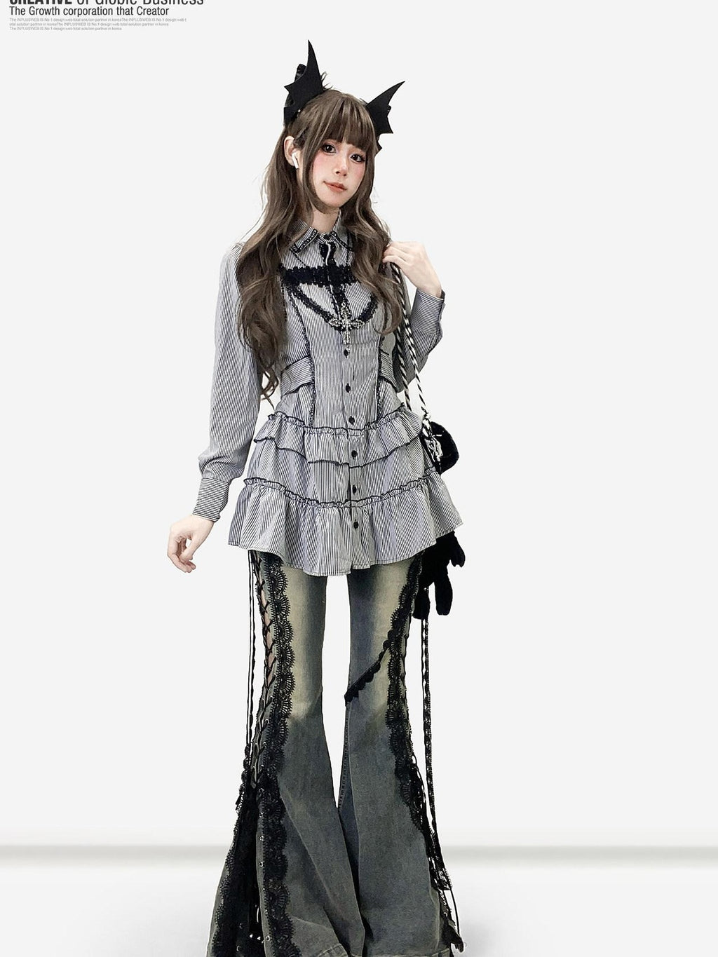 ReddaChic Shape Retaining Gothic Slim Lace Patchwork Striped Black Women Flare Jeans