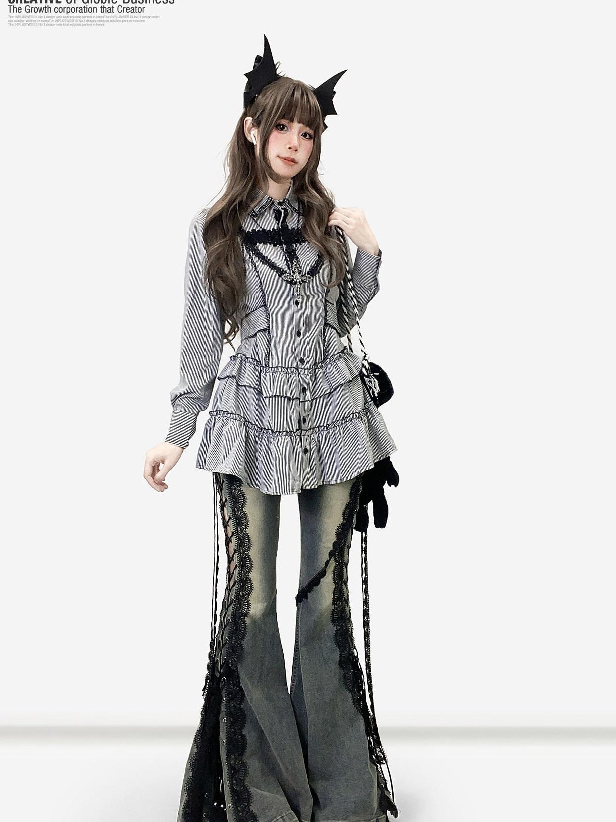 ReddaChic Shape Retaining Gothic Slim Lace Patchwork Striped Black Women Flare Jeans