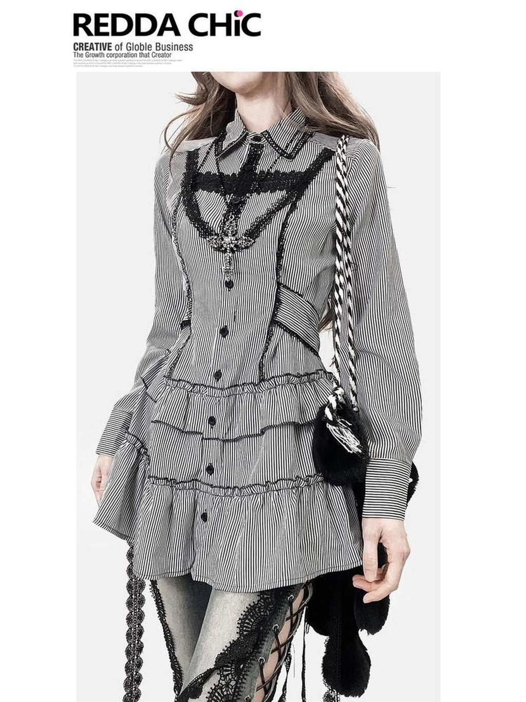 ReddaChic Shape Retaining Gothic Slim Lace Patchwork Striped Black Women Flare Jeans