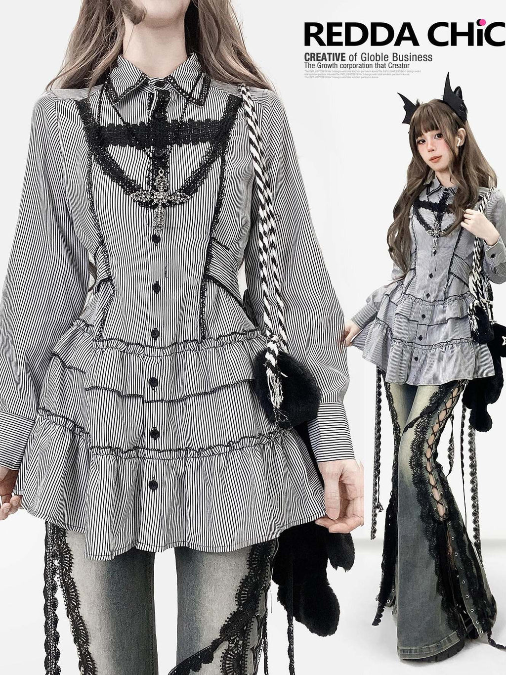 ReddaChic Shape Retaining Gothic Slim Lace Patchwork Striped Black Women Flare Jeans