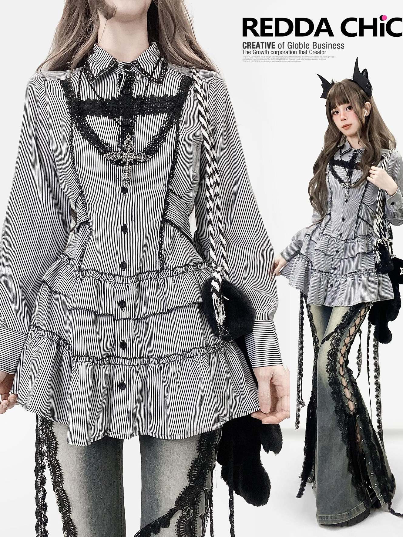 ReddaChic Shape Retaining Gothic Slim Lace Patchwork Striped Black Women Flare Jeans
