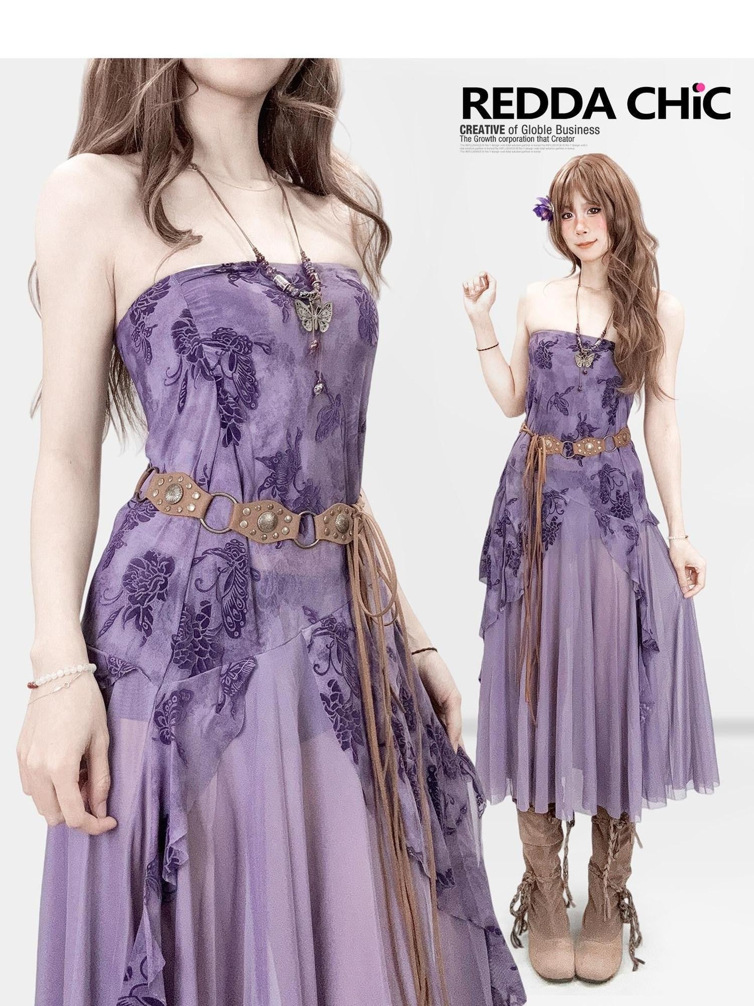 ReddaChic Sheer Mesh Embroidered Retro Slim Women Festival Purple Short Sleeve T-Shirts