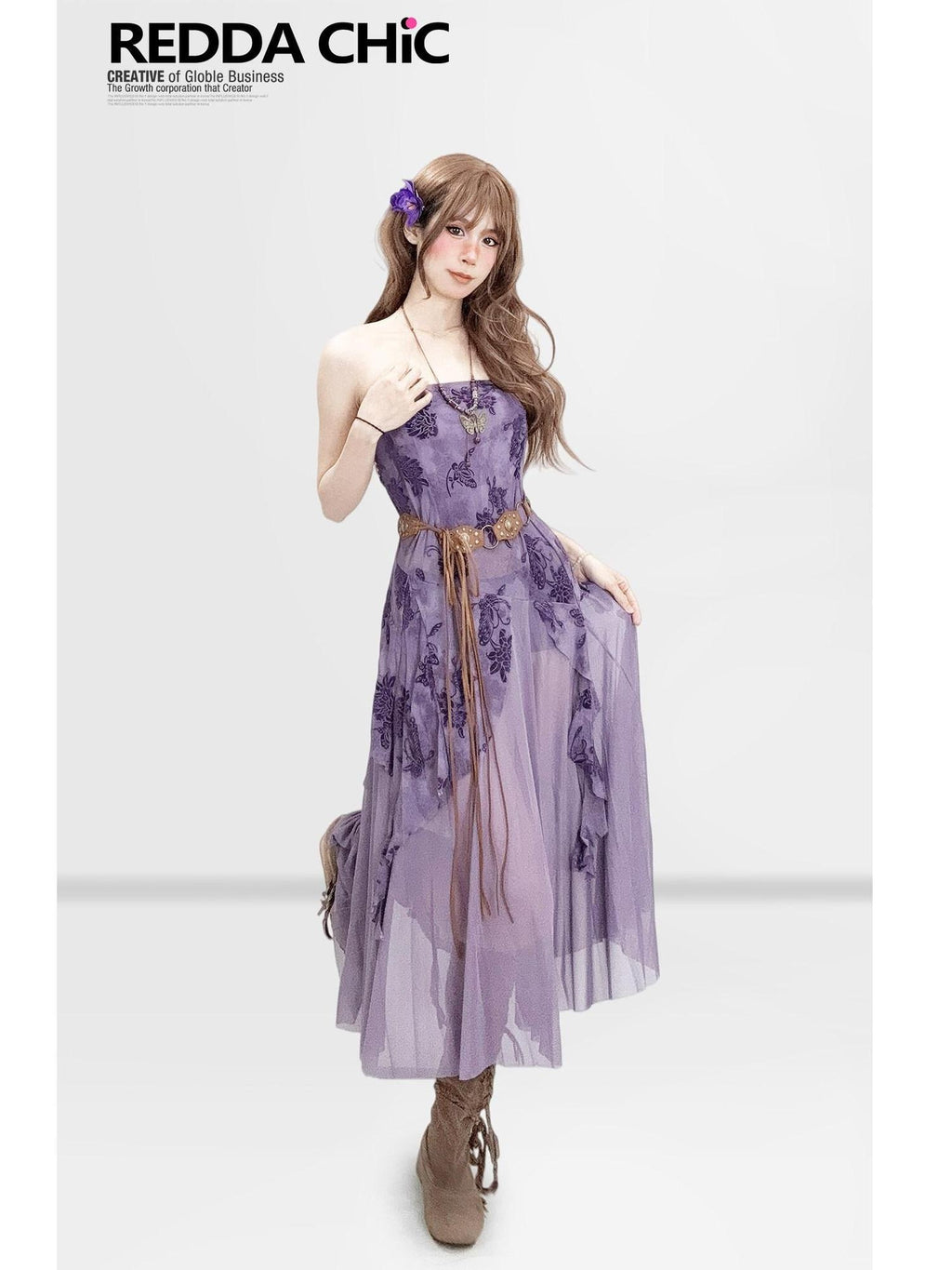 ReddaChic Sheer Mesh Embroidered Retro Slim Women Festival Purple Short Sleeve T-Shirts
