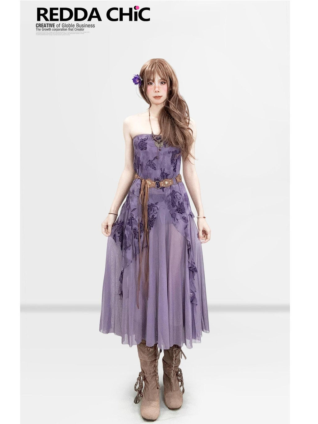 ReddaChic Sheer Mesh Embroidered Retro Slim Women Festival Purple Short Sleeve T-Shirts