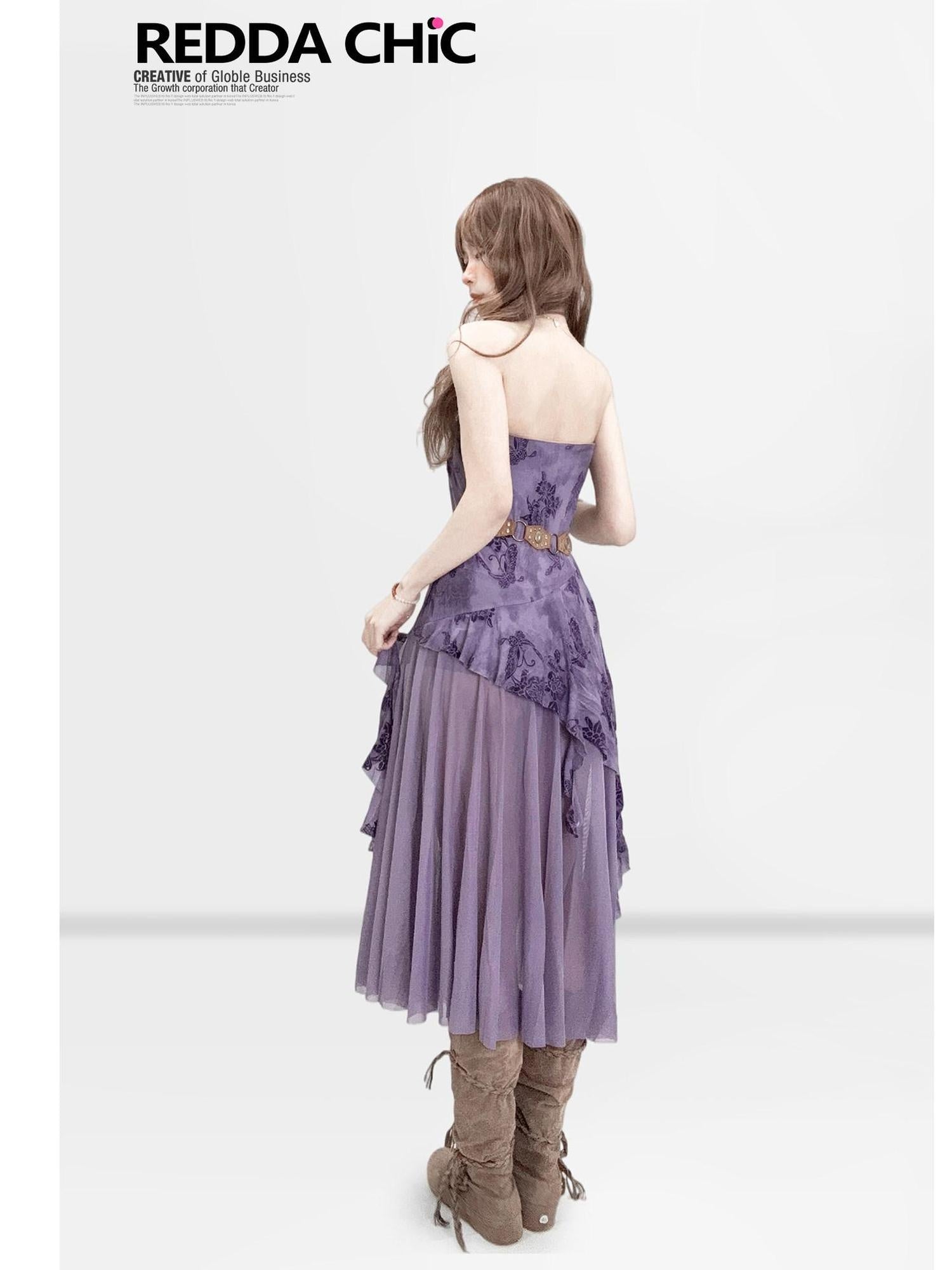 ReddaChic Sheer Mesh Embroidered Retro Slim Women Festival Purple Short Sleeve T-Shirts