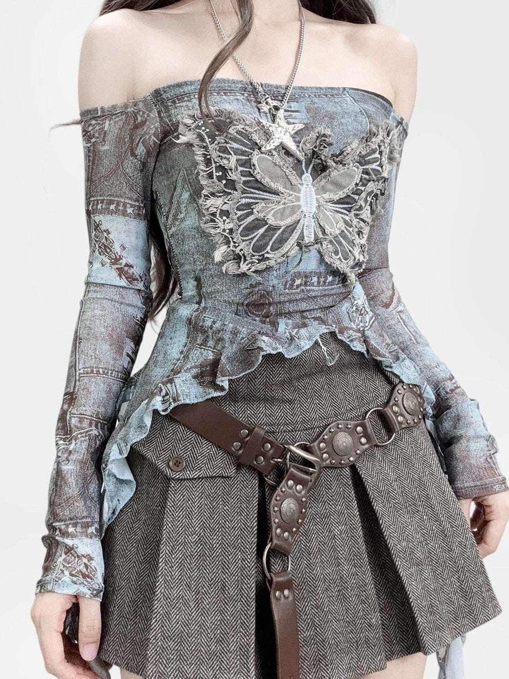 ReddaChic Sheer Mesh Ruffle Cinched Waist Off Shoulder Butterfly Long Sleeve T-Shirts