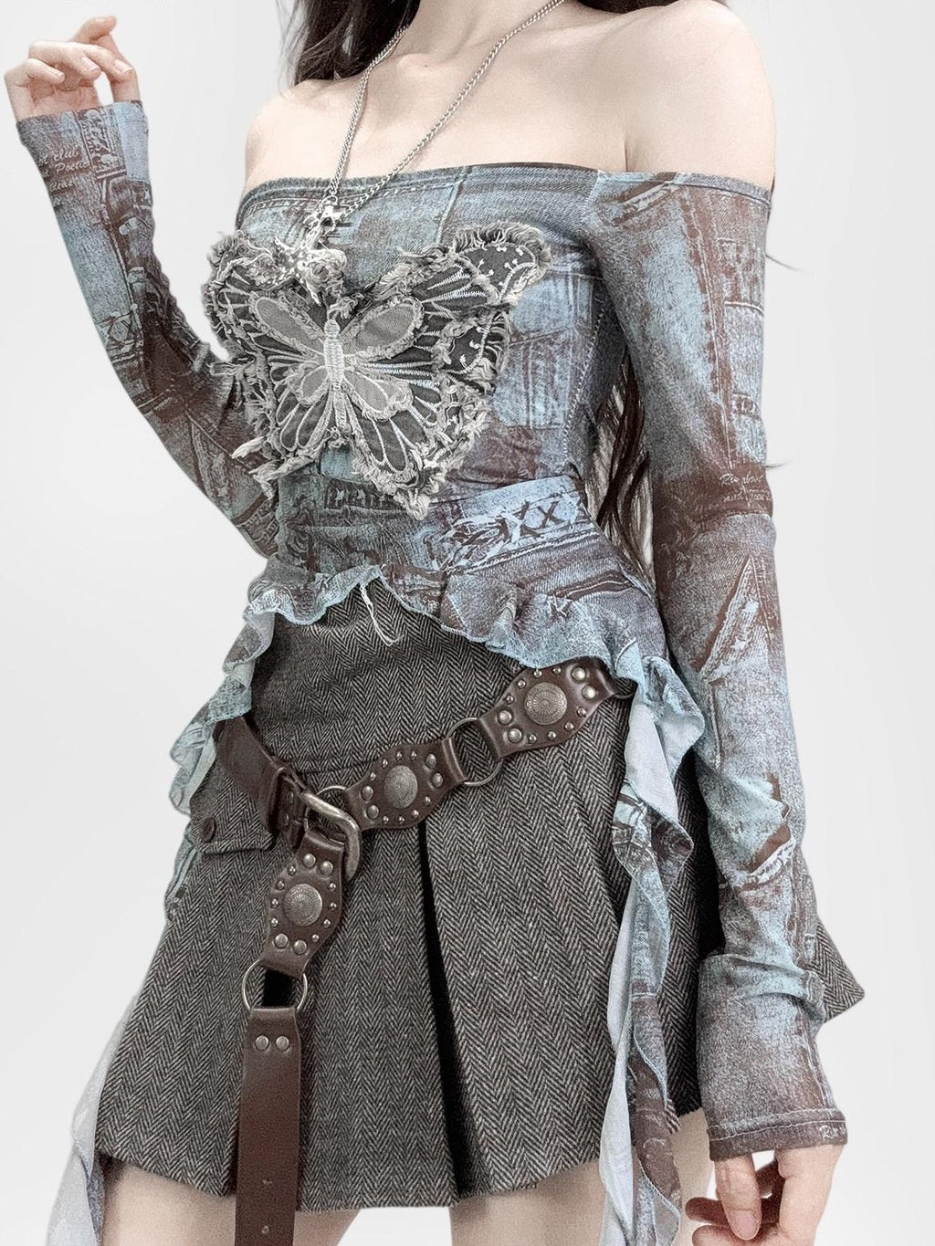 ReddaChic Sheer Mesh Ruffle Cinched Waist Off Shoulder Butterfly Long Sleeve T-Shirts