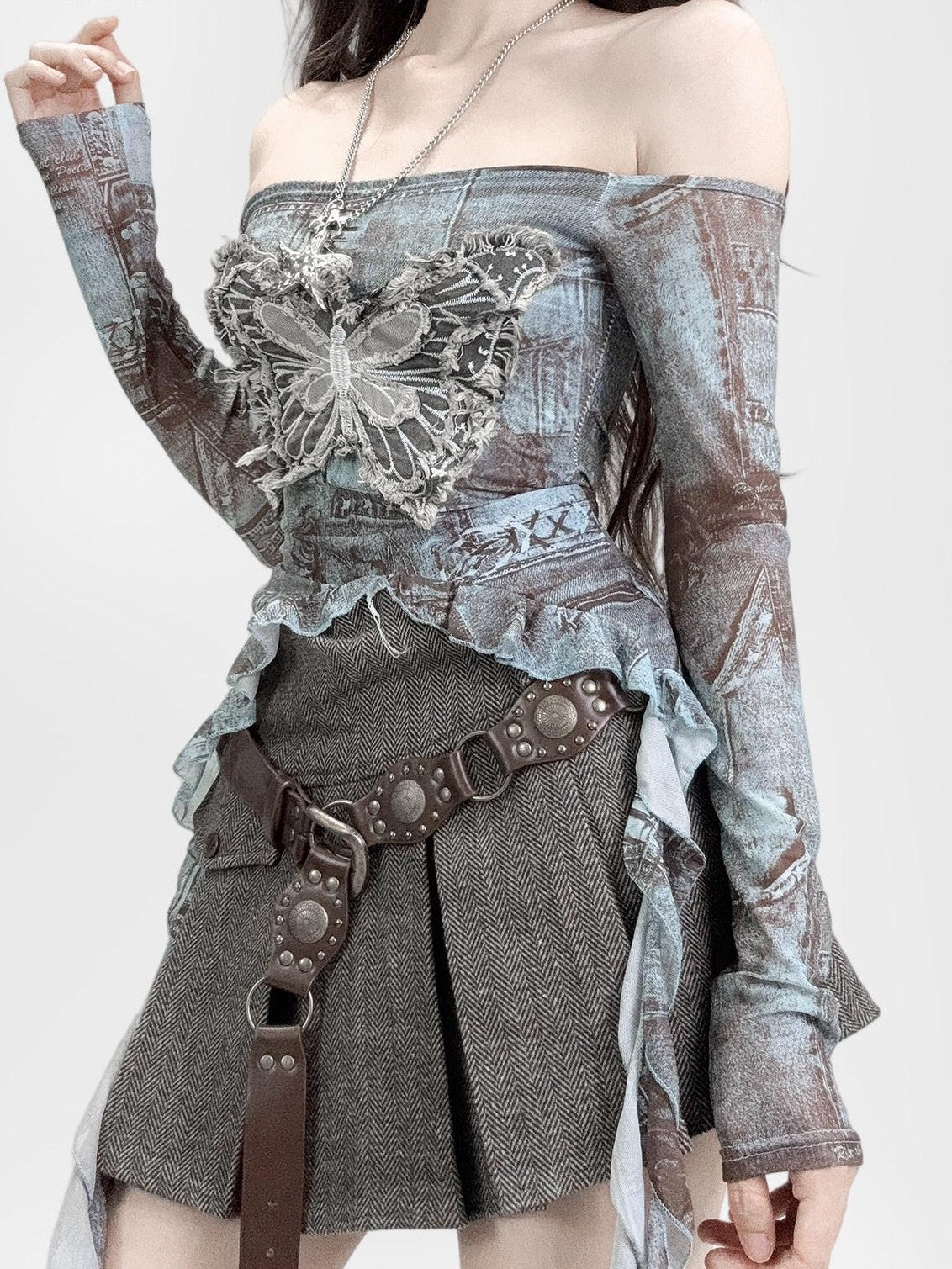 ReddaChic Sheer Mesh Ruffle Cinched Waist Off Shoulder Butterfly Long Sleeve T-Shirts