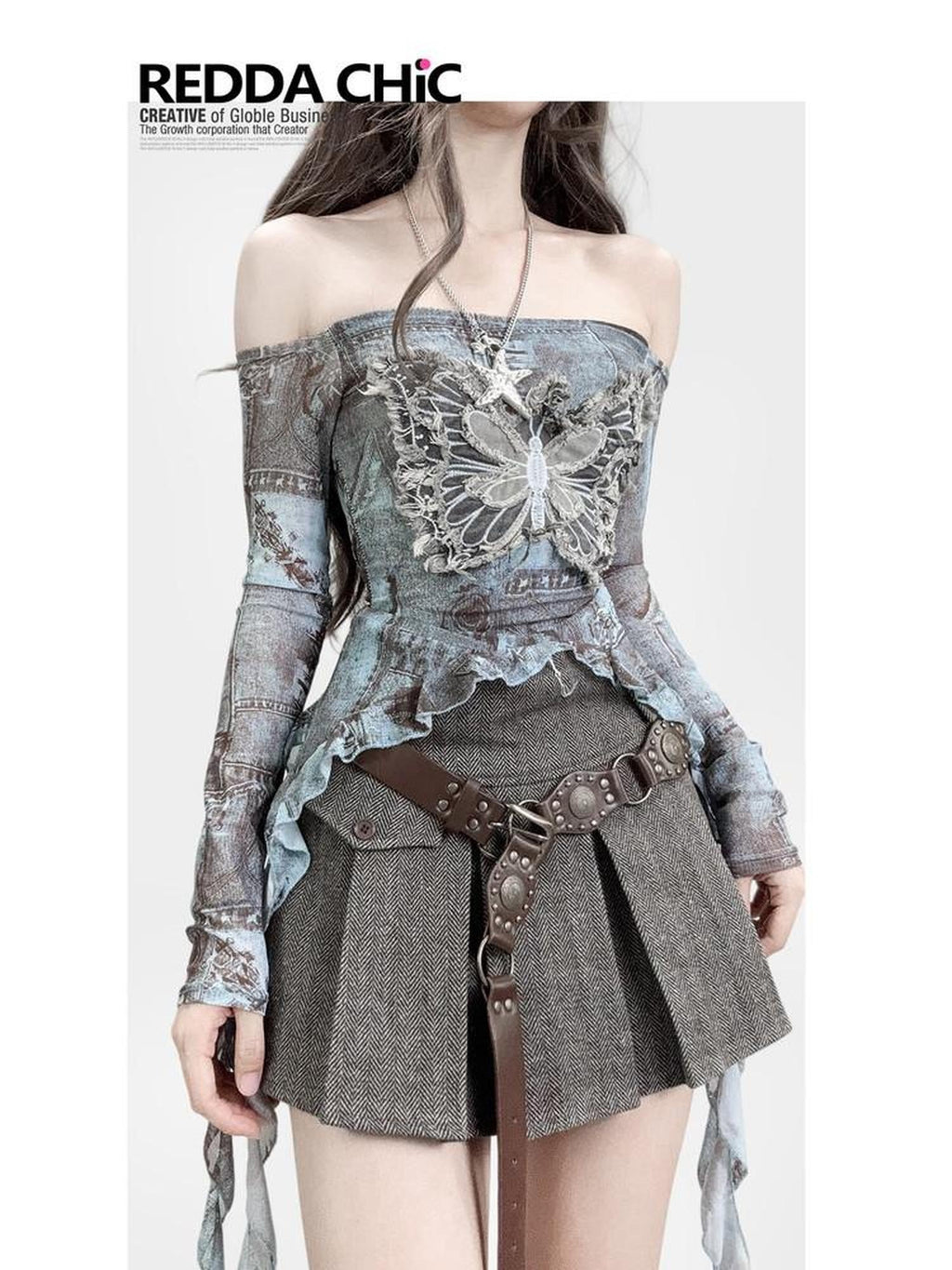 ReddaChic Sheer Mesh Ruffle Cinched Waist Off Shoulder Butterfly Long Sleeve T-Shirts