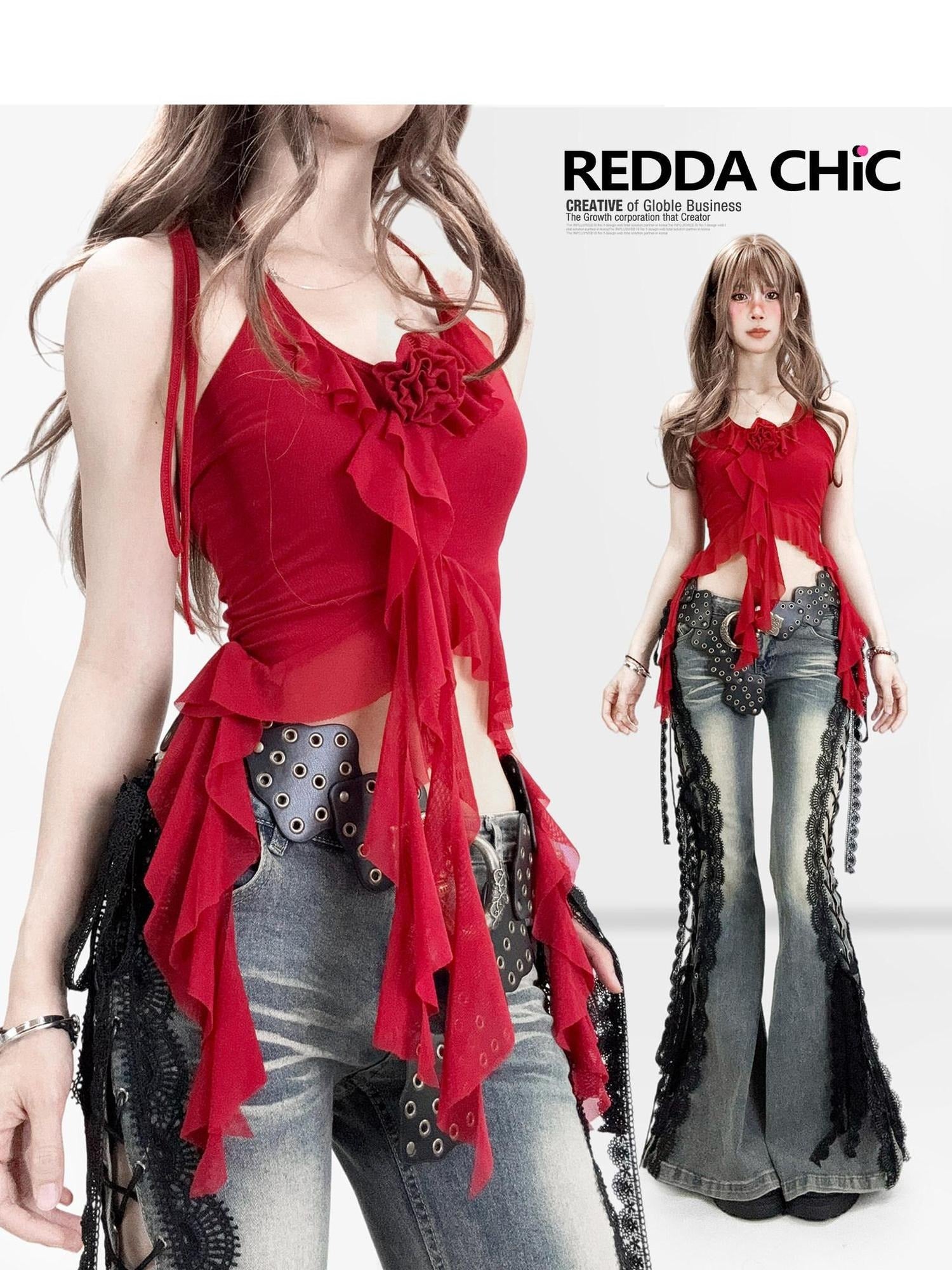 ReddaChic Sheer Mesh Slim Fit Red Women Chic Elegant Wide Leg Flare Pants