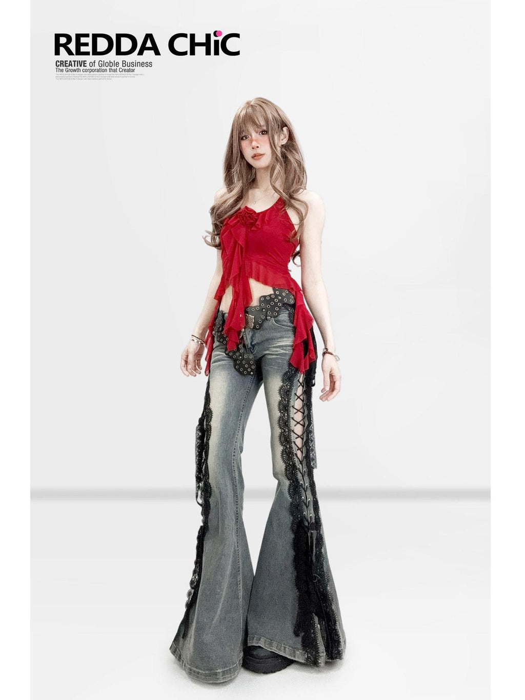 ReddaChic Sheer Mesh Slim Fit Red Women Chic Elegant Wide Leg Flare Pants