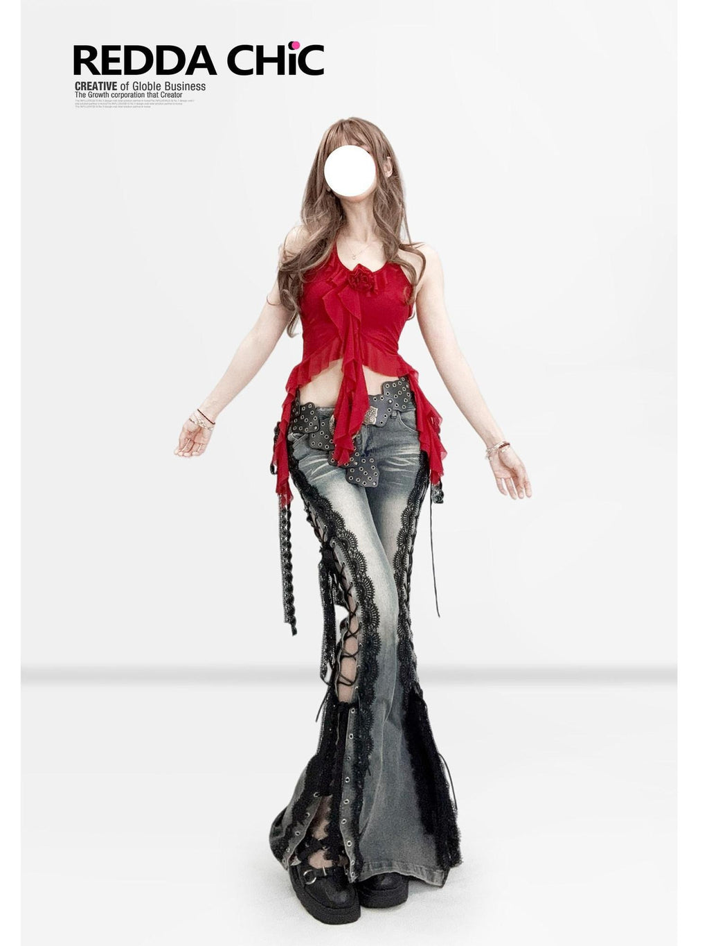 ReddaChic Sheer Mesh Slim Fit Red Women Chic Elegant Wide Leg Flare Pants