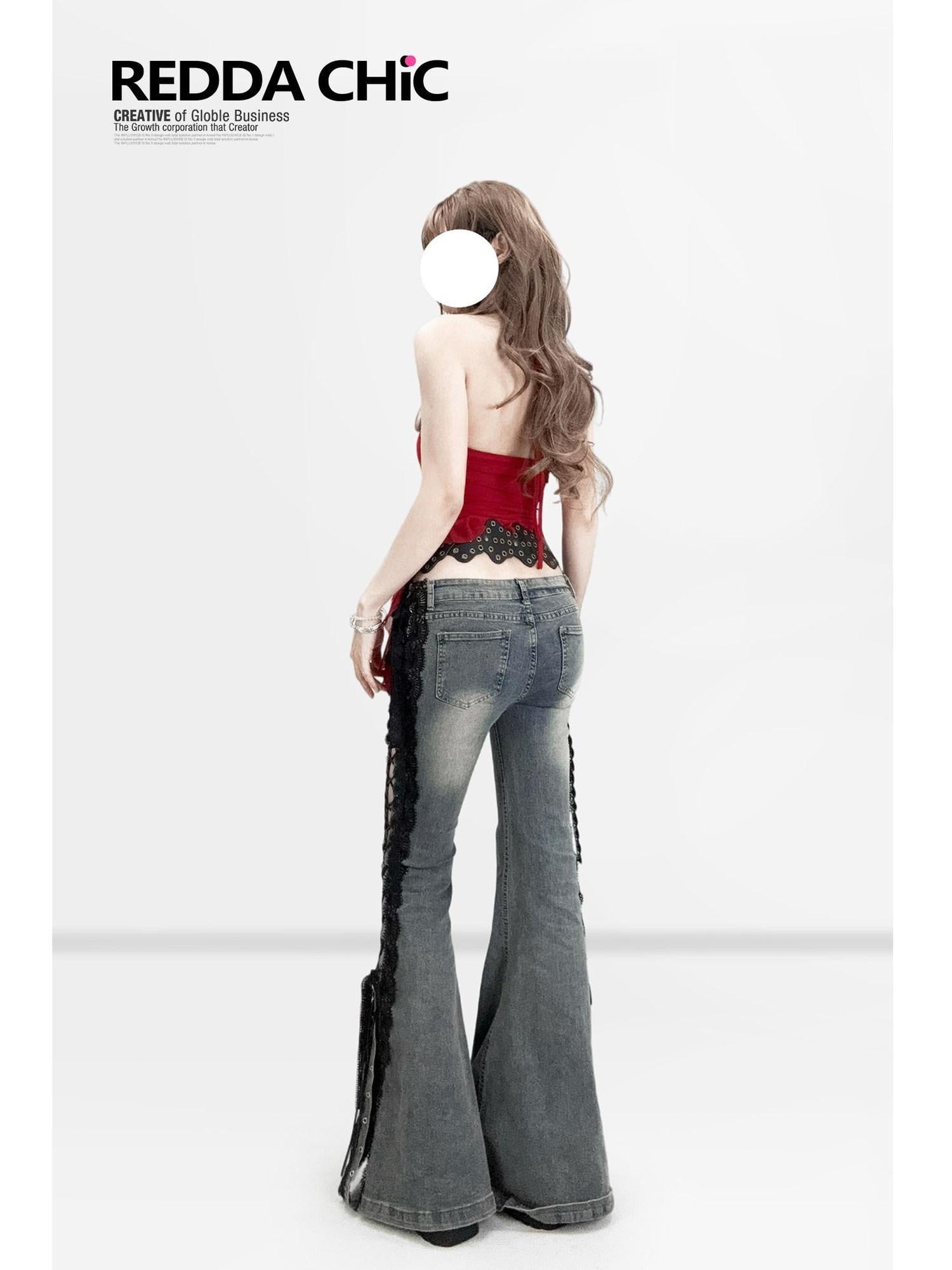 ReddaChic Sheer Mesh Slim Fit Red Women Chic Elegant Wide Leg Flare Pants