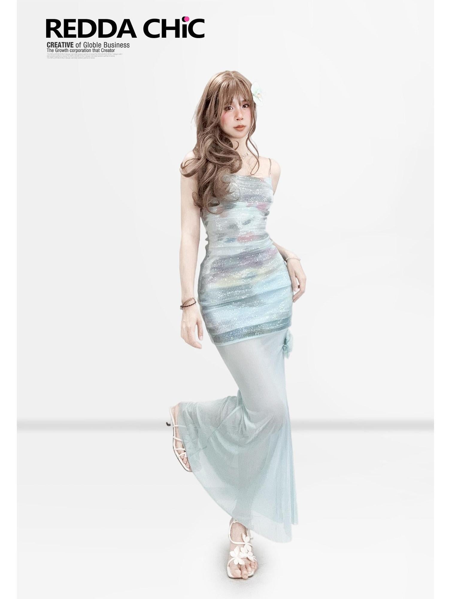 ReddaChic Shimmer Sequin Bodycon Two Piece Vacation Women Beachwear Maxi Skirts