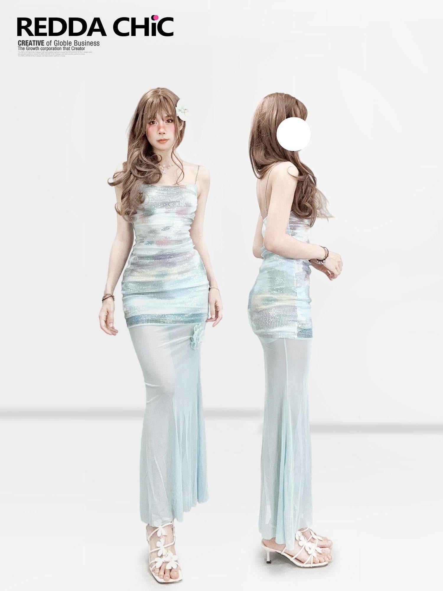 ReddaChic Shimmer Sequin Bodycon Two Piece Vacation Women Beachwear Maxi Skirts