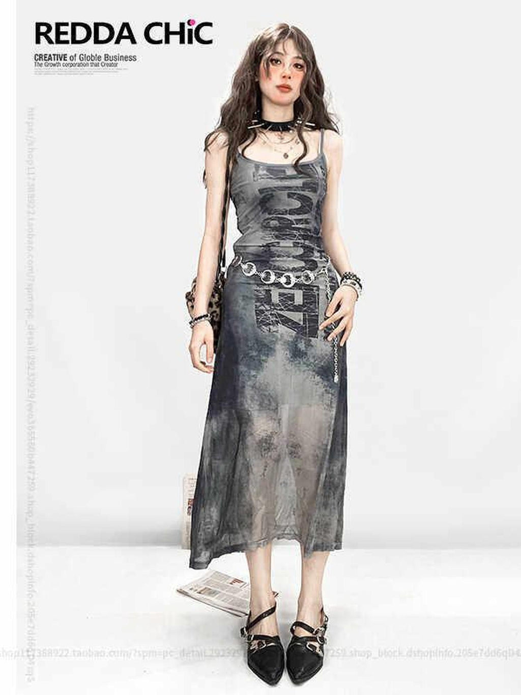 ReddaChic Silver Glossy Waist Chain Sleek Versatile Women Evening Slip Midi Dresses