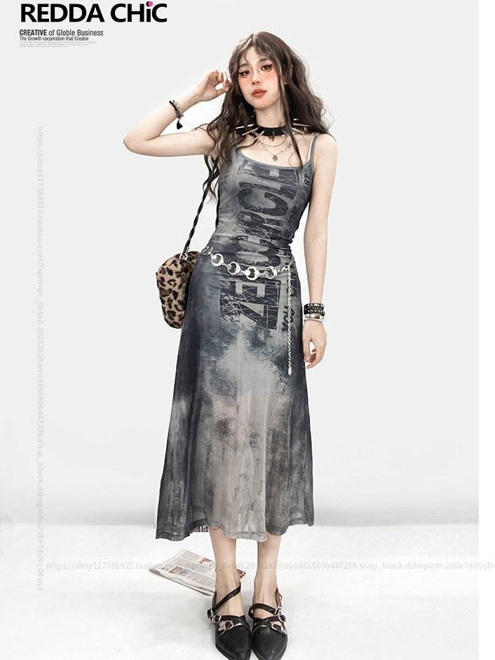 ReddaChic Silver Glossy Waist Chain Sleek Versatile Women Evening Slip Midi Dresses