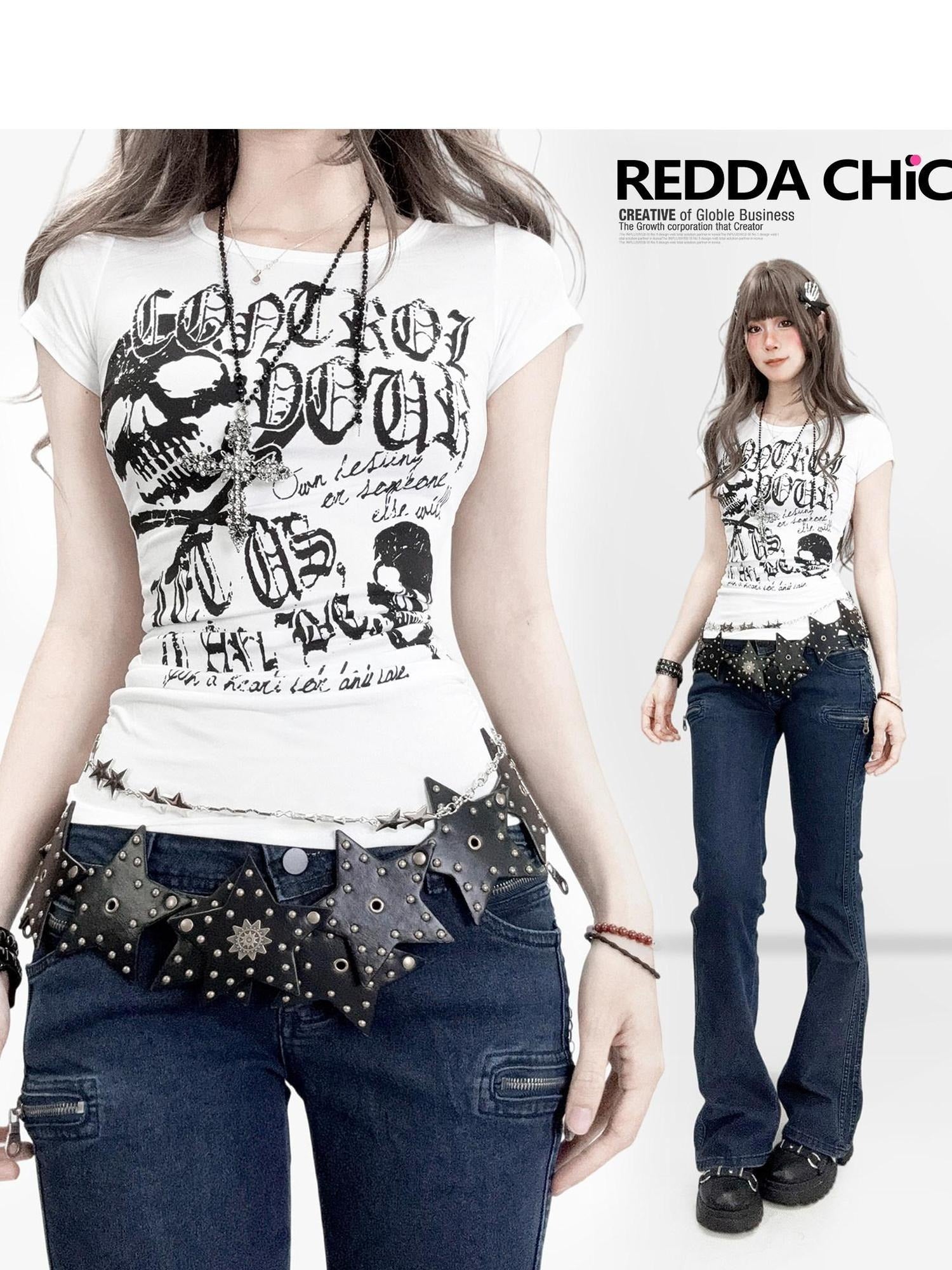 ReddaChic Skull Letter Print Pleated Vintage Slim Fit Women White Mini Skirts
