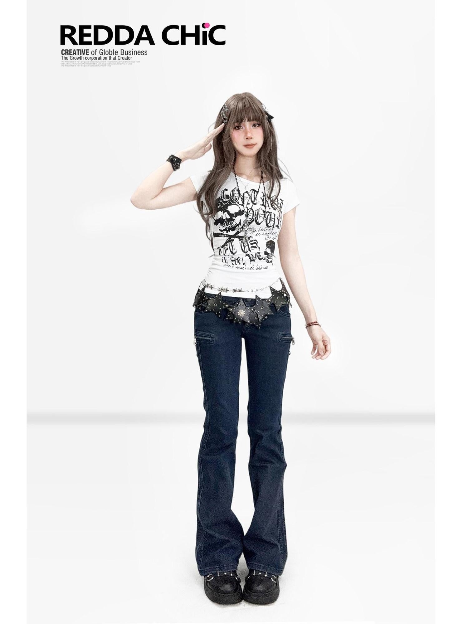 ReddaChic Skull Letter Print Pleated Vintage Slim Fit Women White Mini Skirts