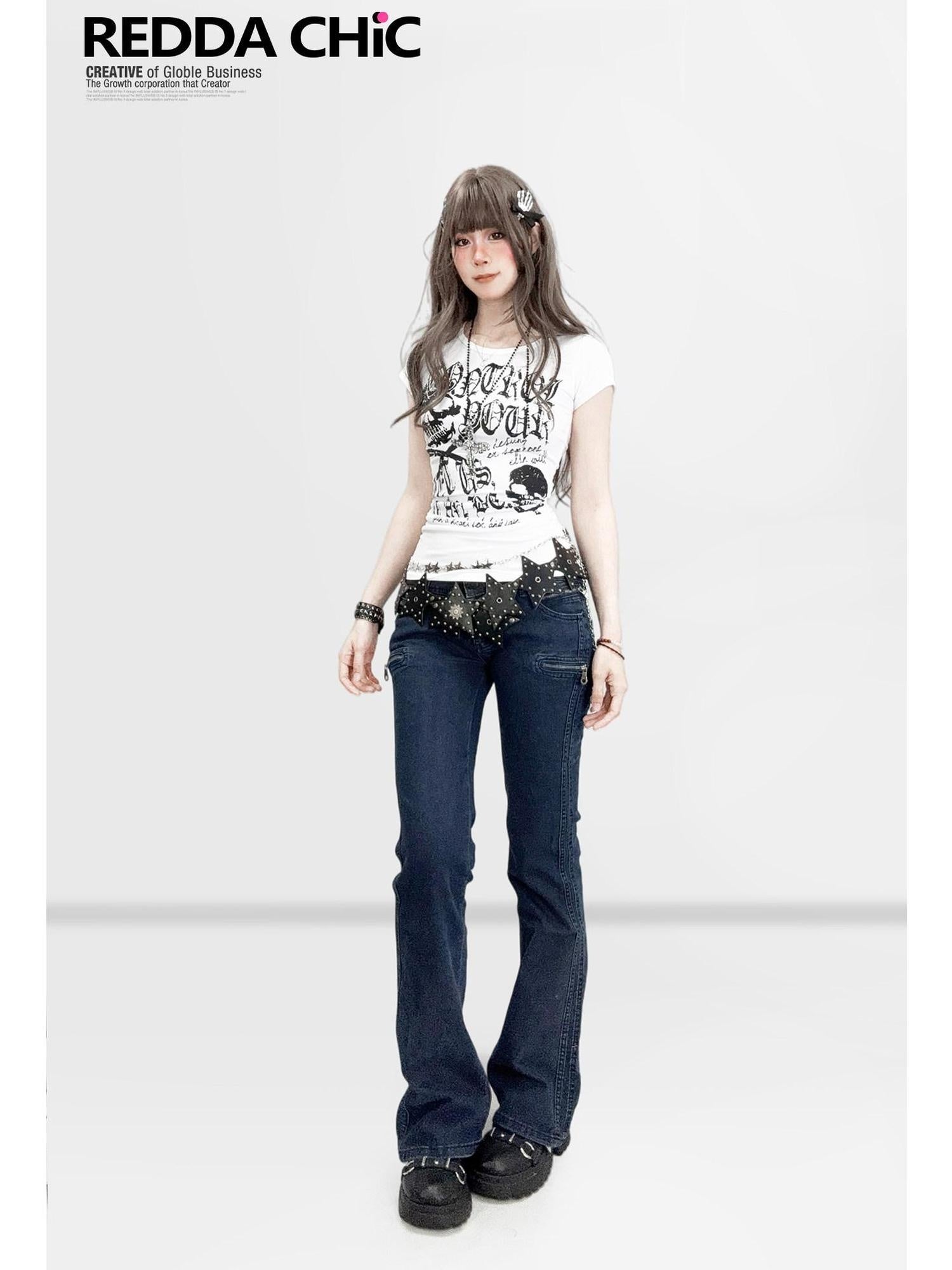 ReddaChic Skull Letter Print Pleated Vintage Slim Fit Women White Mini Skirts