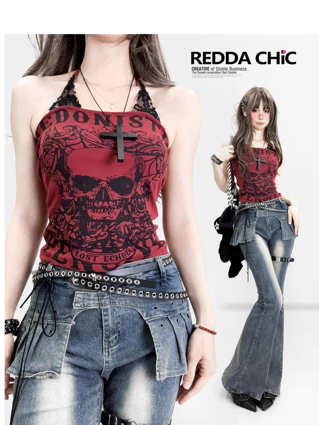 ReddaChic Skull Print Halter Slim Fit Burgundy Short Crop For Women Tube Tops / Bandeaus