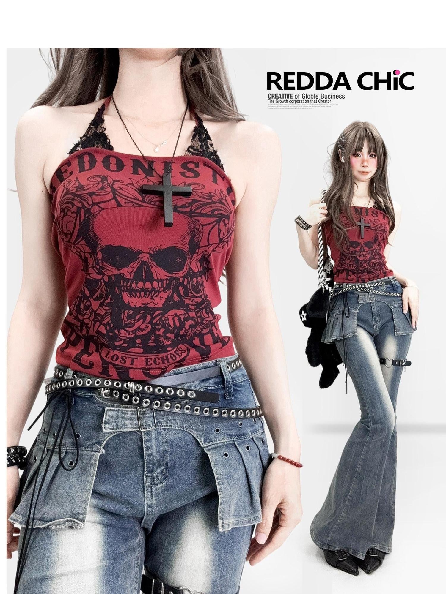 ReddaChic Skull Print Halter Slim Fit Burgundy Short Crop For Women Tube Tops / Bandeaus