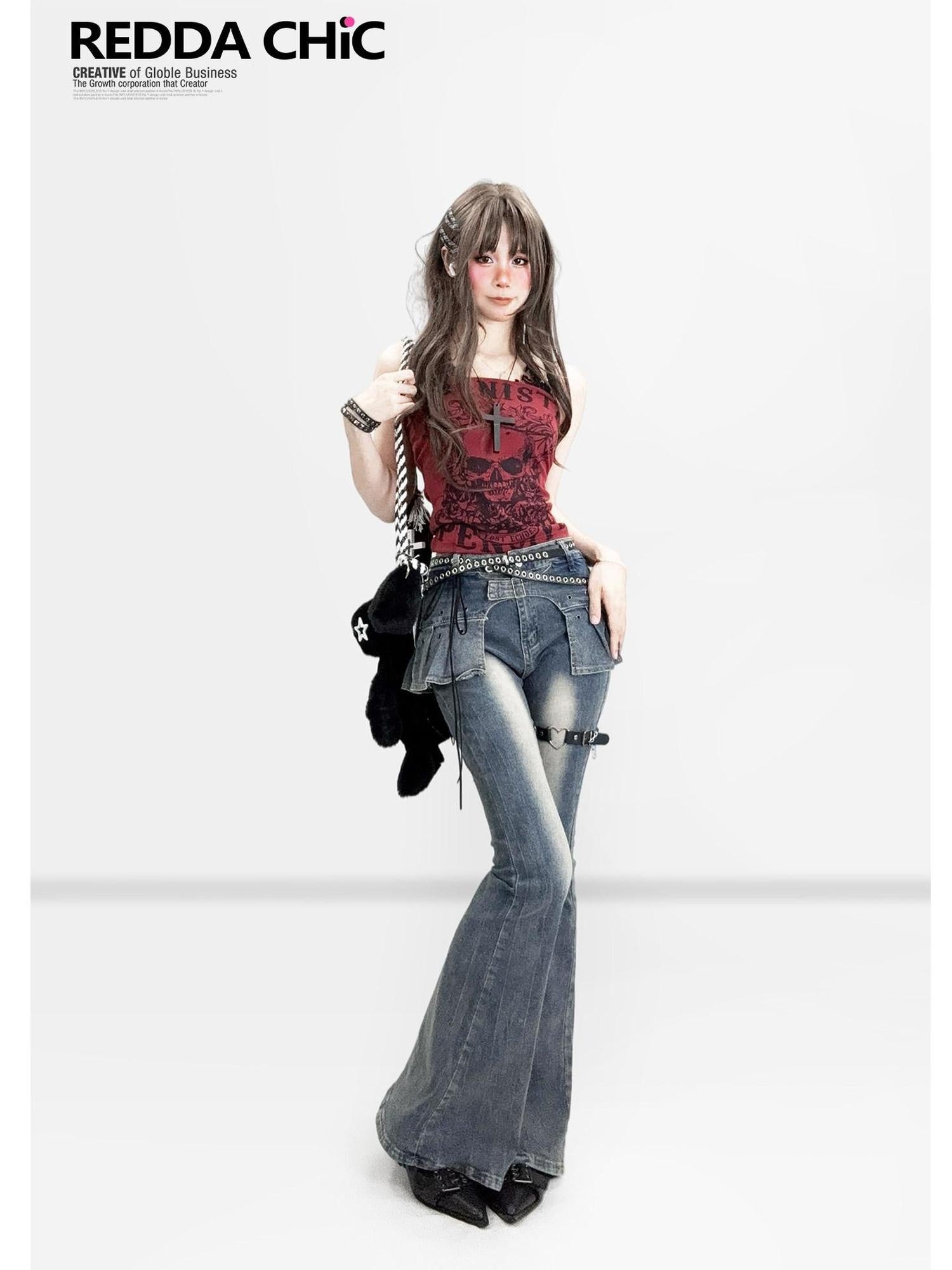 ReddaChic Skull Print Halter Slim Fit Burgundy Short Crop For Women Tube Tops / Bandeaus