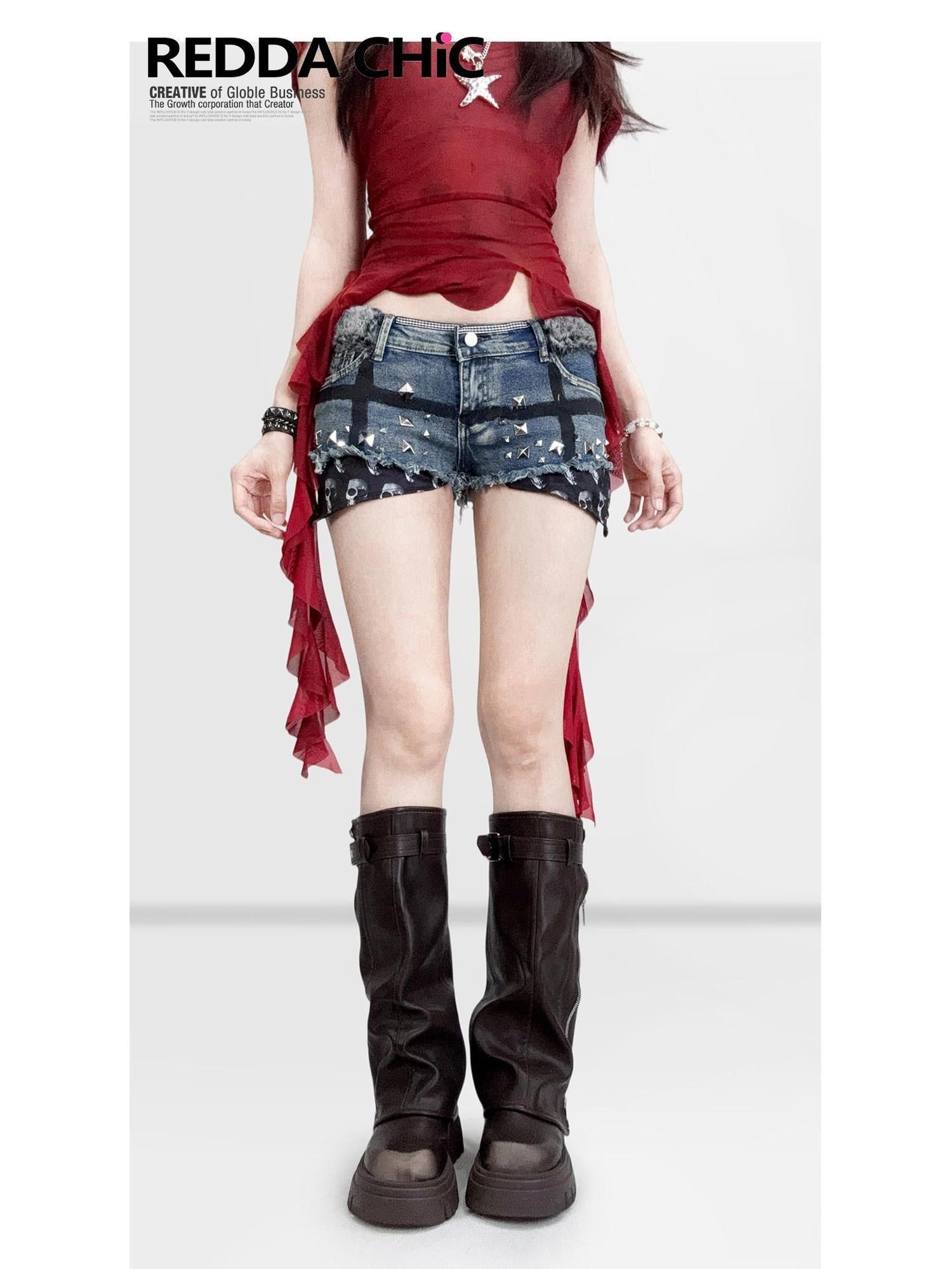 ReddaChic Skull Rivet Slim Fit Natural Waist Slight Stretch Cotton Blue Denim Shorts