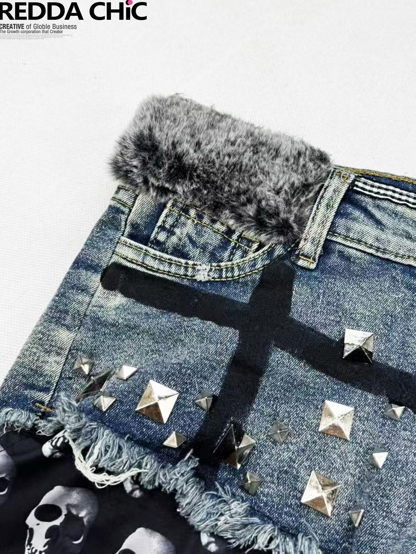 ReddaChic Skull Rivet Slim Fit Natural Waist Slight Stretch Cotton Blue Denim Shorts