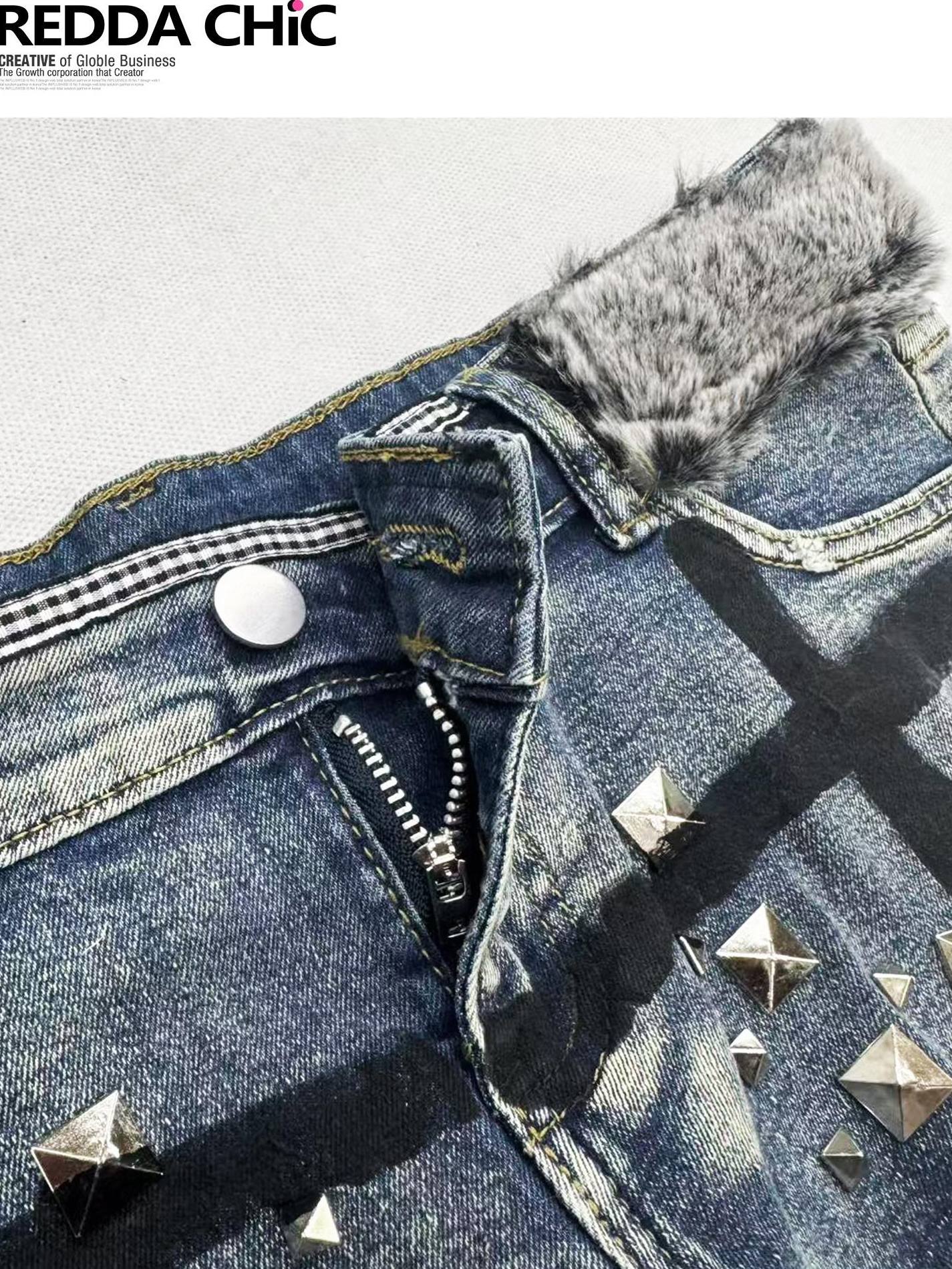 ReddaChic Skull Rivet Slim Fit Natural Waist Slight Stretch Cotton Blue Denim Shorts