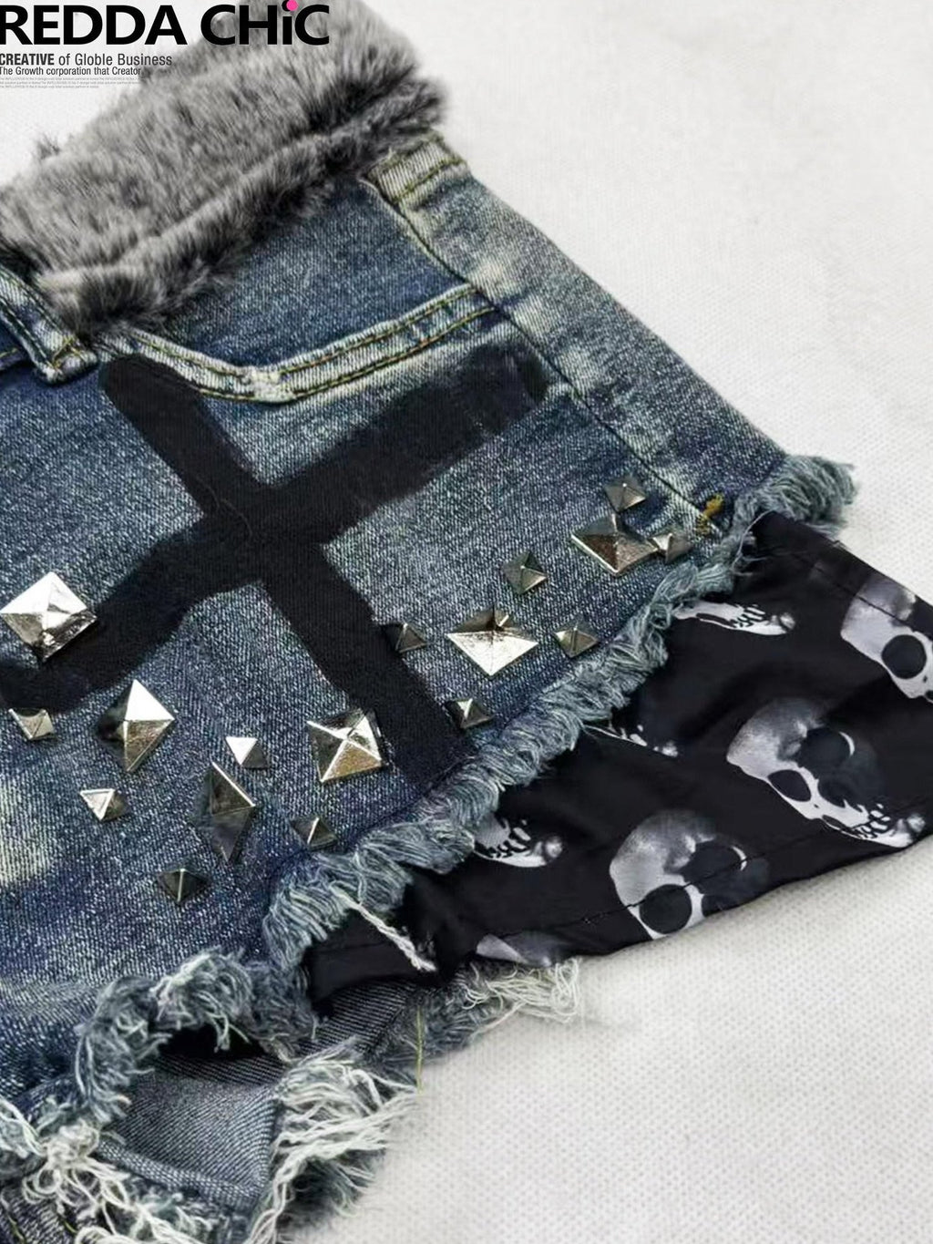 ReddaChic Skull Rivet Slim Fit Natural Waist Slight Stretch Cotton Blue Denim Shorts