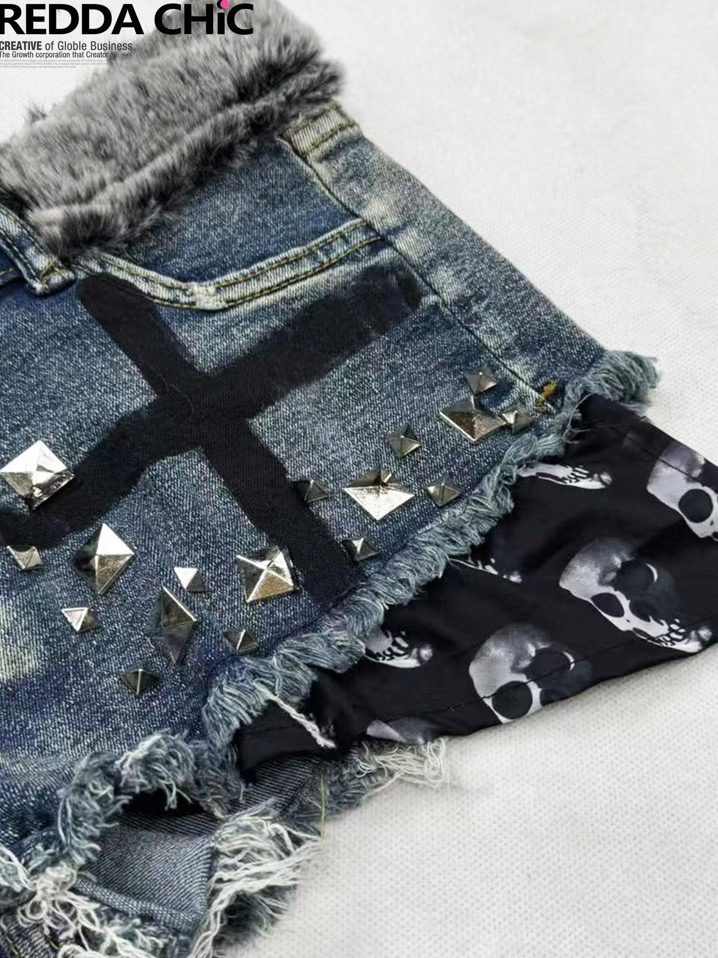 ReddaChic Skull Rivet Slim Fit Natural Waist Slight Stretch Cotton Blue Denim Shorts