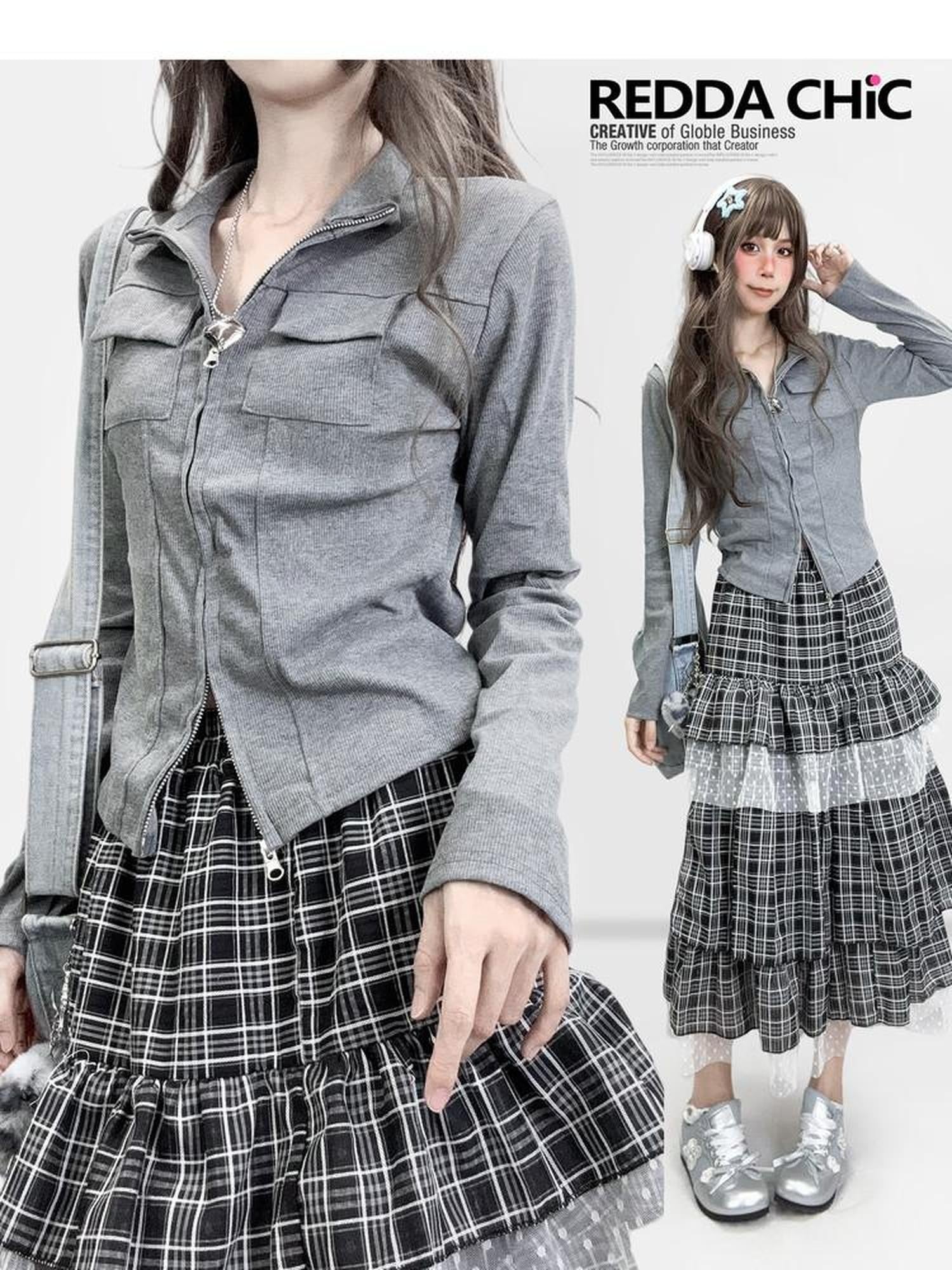 ReddaChic Slim Fit Casual Knit Gray Zip Fly Young Women Street Style Wide-Leg Jeans