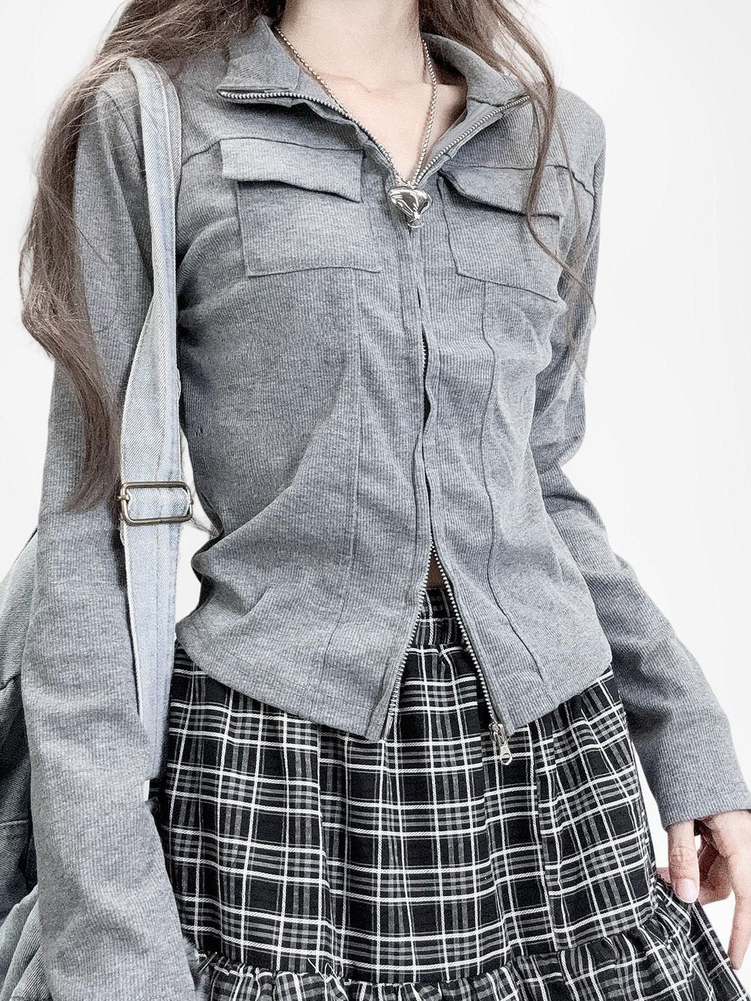 ReddaChic Slim Fit Casual Knit Gray Zip Fly Young Women Street Style Wide-Leg Jeans