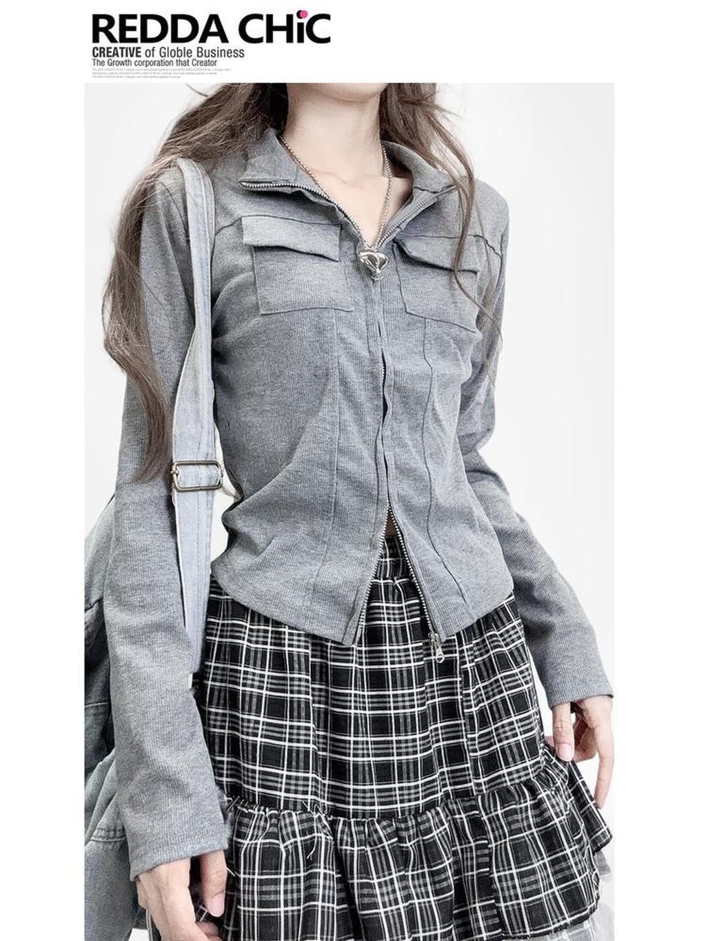 ReddaChic Slim Fit Casual Knit Gray Zip Fly Young Women Street Style Wide-Leg Jeans