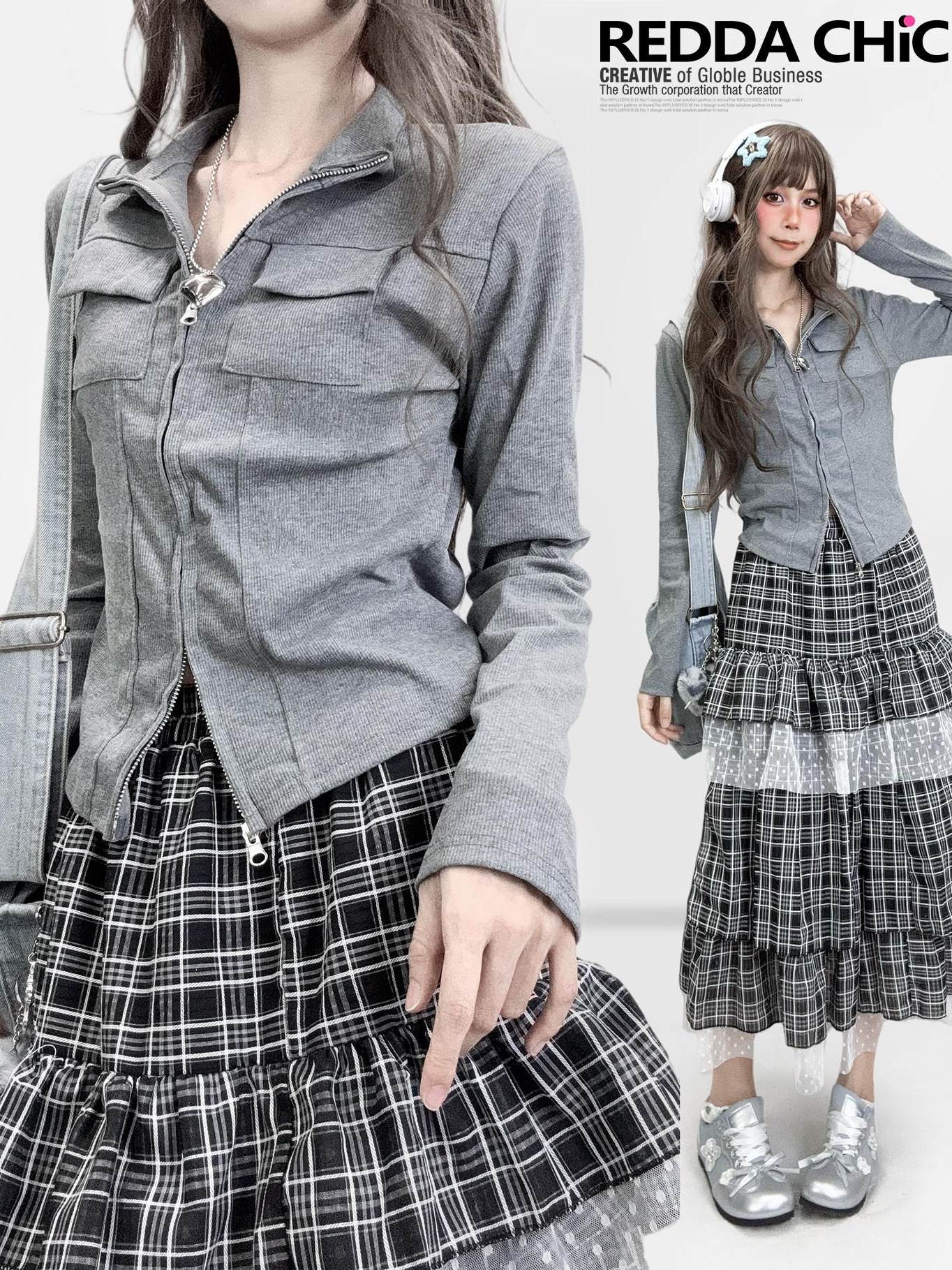 ReddaChic Slim Fit Casual Knit Gray Zip Fly Young Women Street Style Wide-Leg Jeans