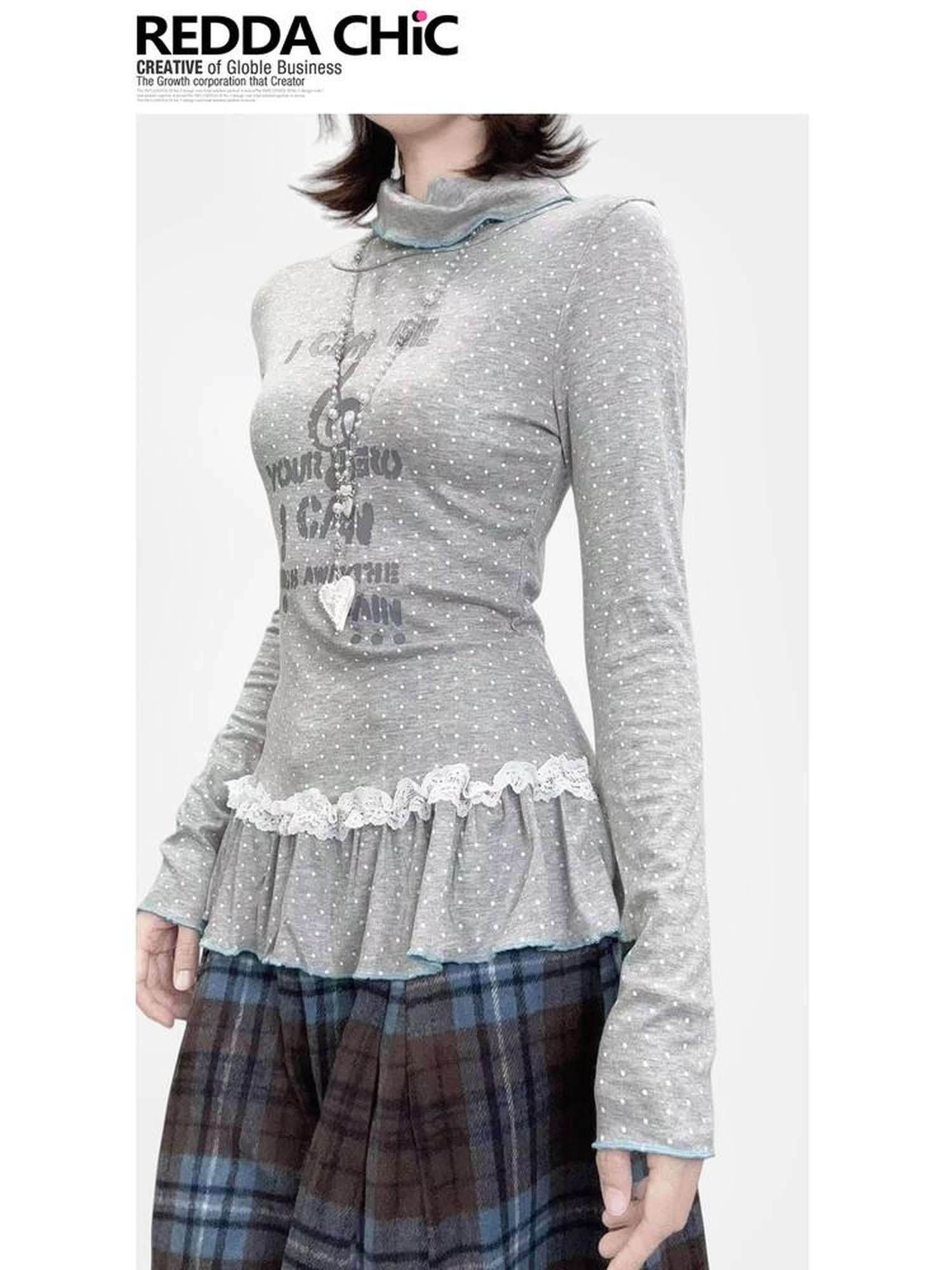 ReddaChic Slim Fit Princess High Neck Long Sleeve Polka Dot Spliced Women Grey Crop Tops