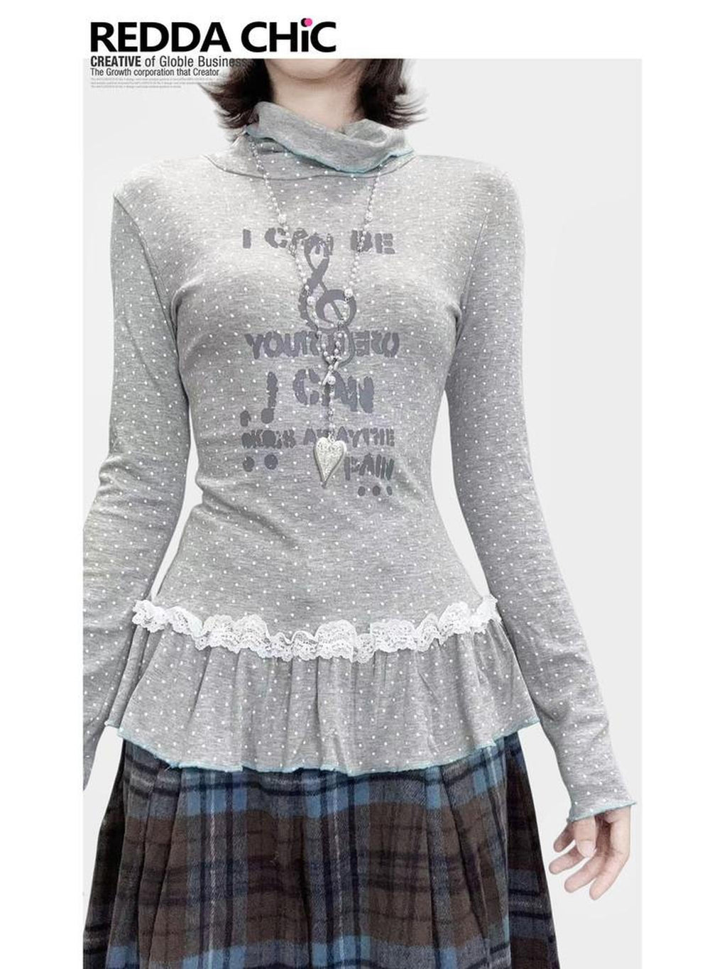ReddaChic Slim Fit Princess High Neck Long Sleeve Polka Dot Spliced Women Grey Crop Tops