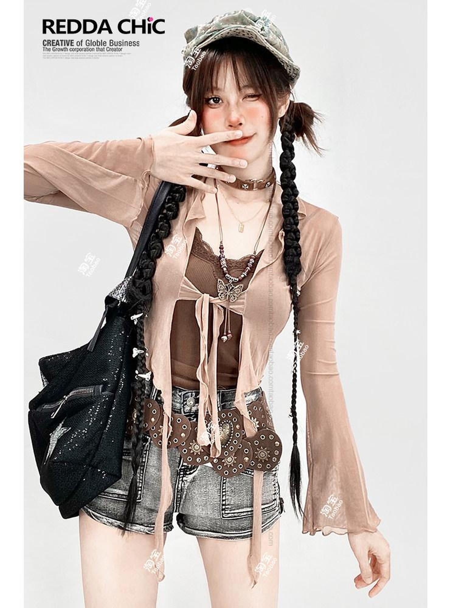 ReddaChic Slim Fit V-neck Cropped Brown Street Style Lightweight Knit One Size Sweaters