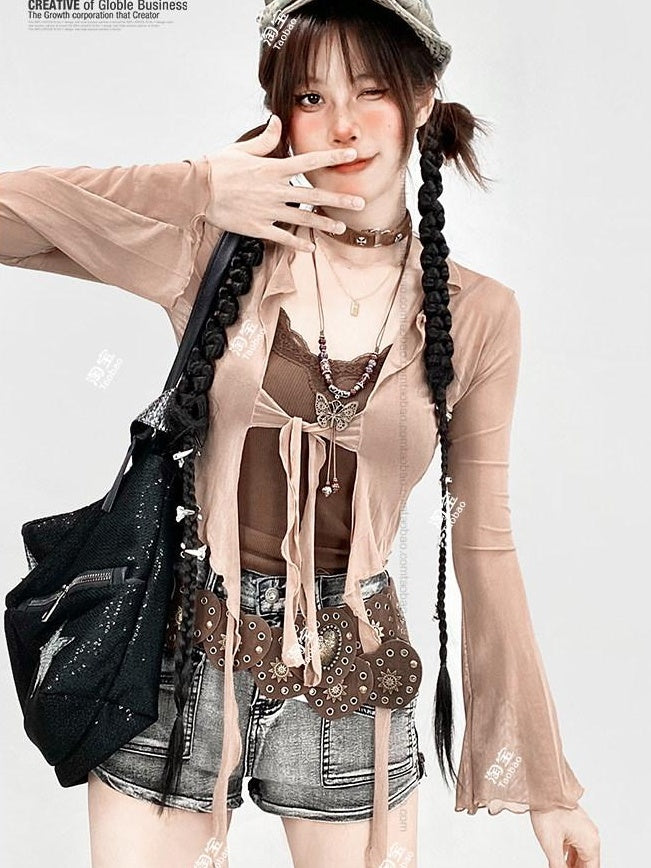 ReddaChic Slim Fit V-neck Cropped Brown Street Style Lightweight Knit One Size Sweaters