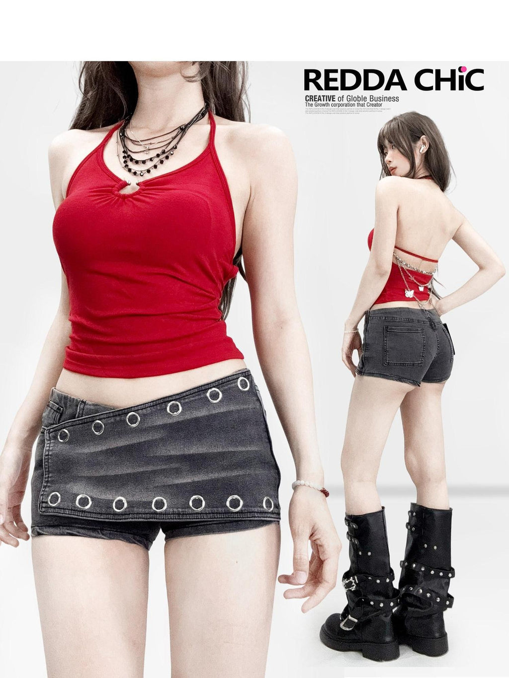 ReddaChic Slim V-neck Halter Padded Crop Butterfly Print Red Women Top & Skirt Sets