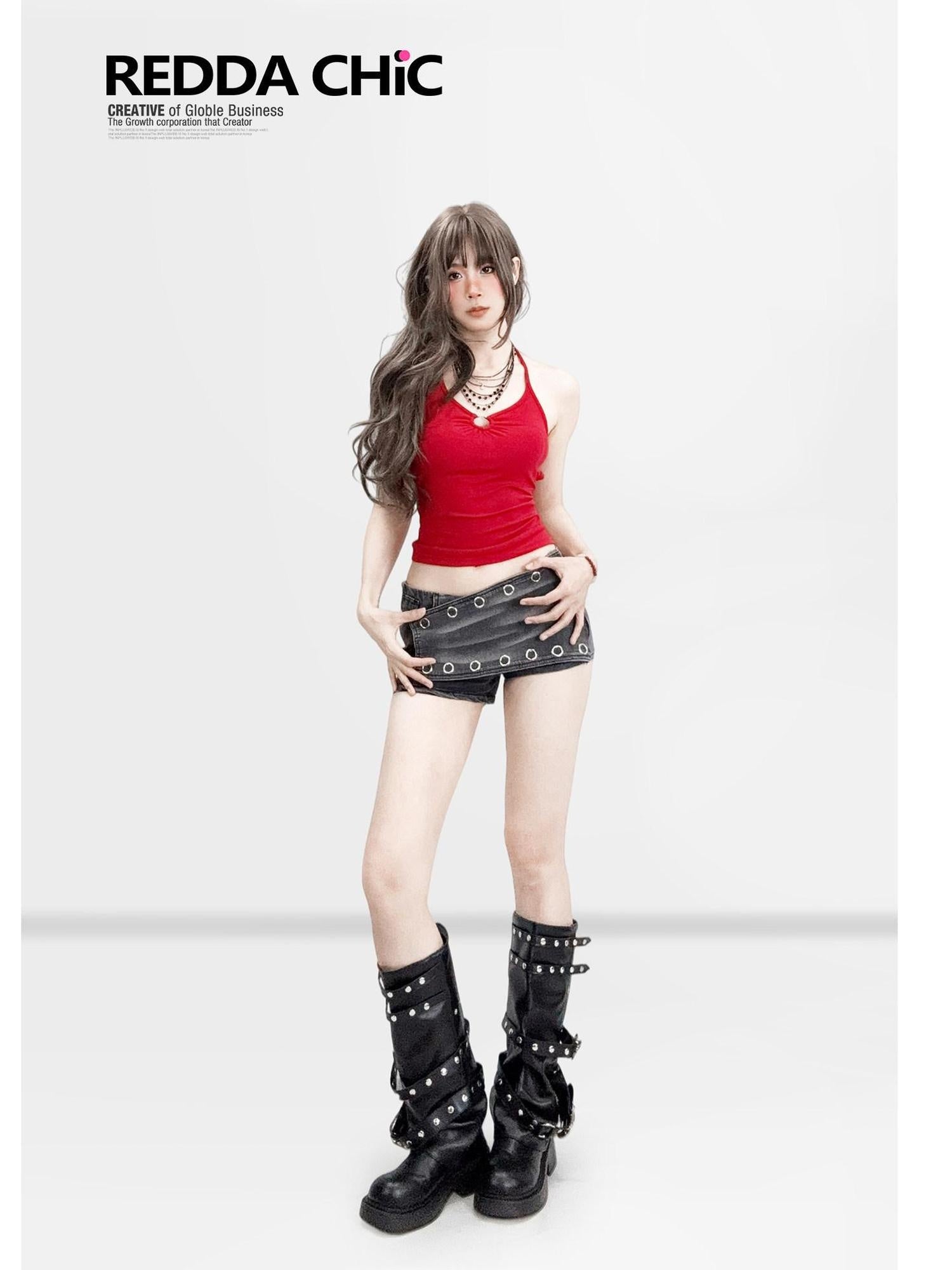 ReddaChic Slim V-neck Halter Padded Crop Butterfly Print Red Women Top & Skirt Sets