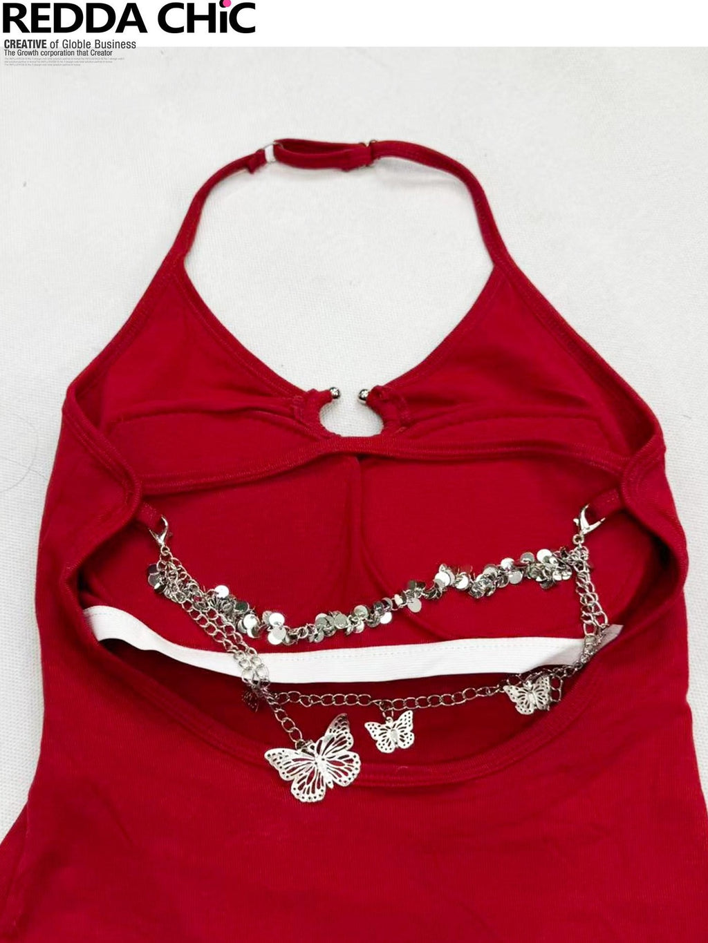 ReddaChic Slim V-neck Halter Padded Crop Butterfly Print Red Women Top & Skirt Sets