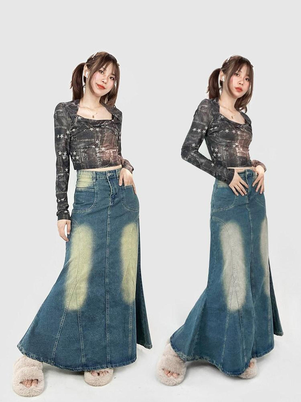 ReddaChic Square Neck Long Sleeve Street Style Short Length Black Brown Slip Maxi Dresses