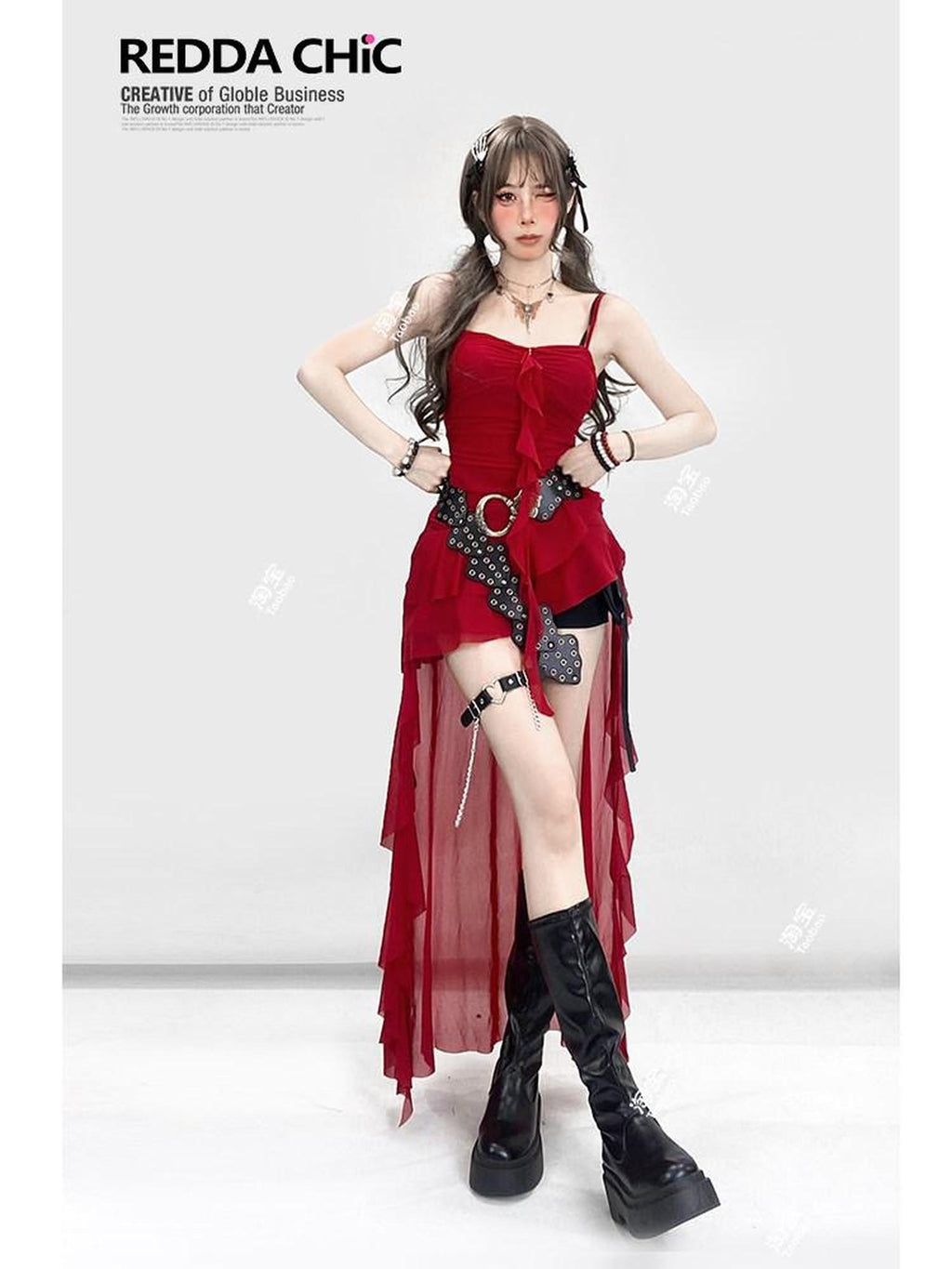 ReddaChic Studded Pu Belted Soft Touch Alloy Hook Buckle Young Women Chic Midi Skirts