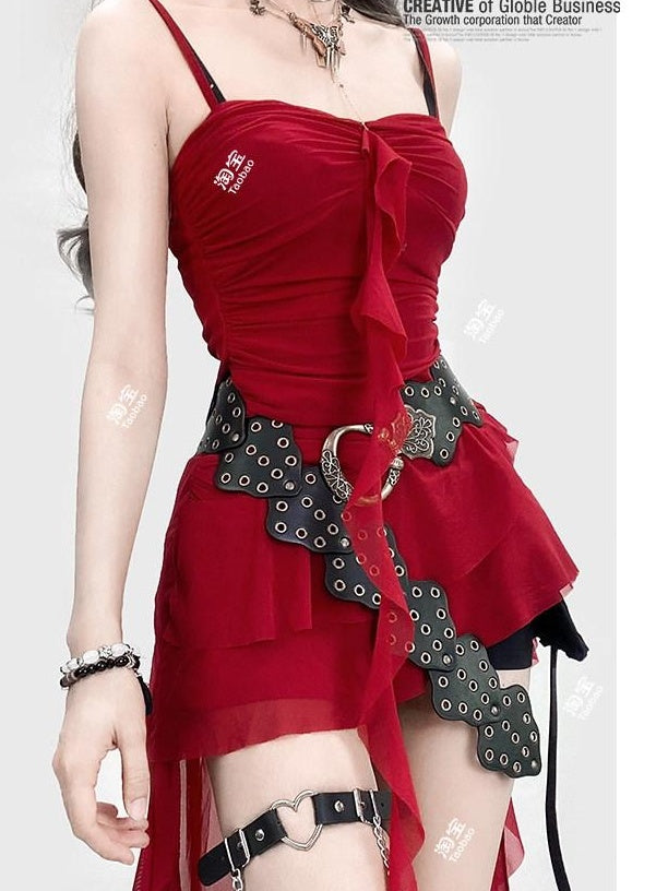 ReddaChic Studded Pu Belted Soft Touch Alloy Hook Buckle Young Women Chic Midi Skirts