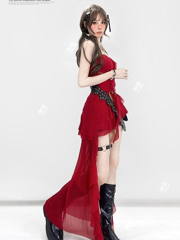 ReddaChic Studded Pu Belted Soft Touch Alloy Hook Buckle Young Women Chic Midi Skirts