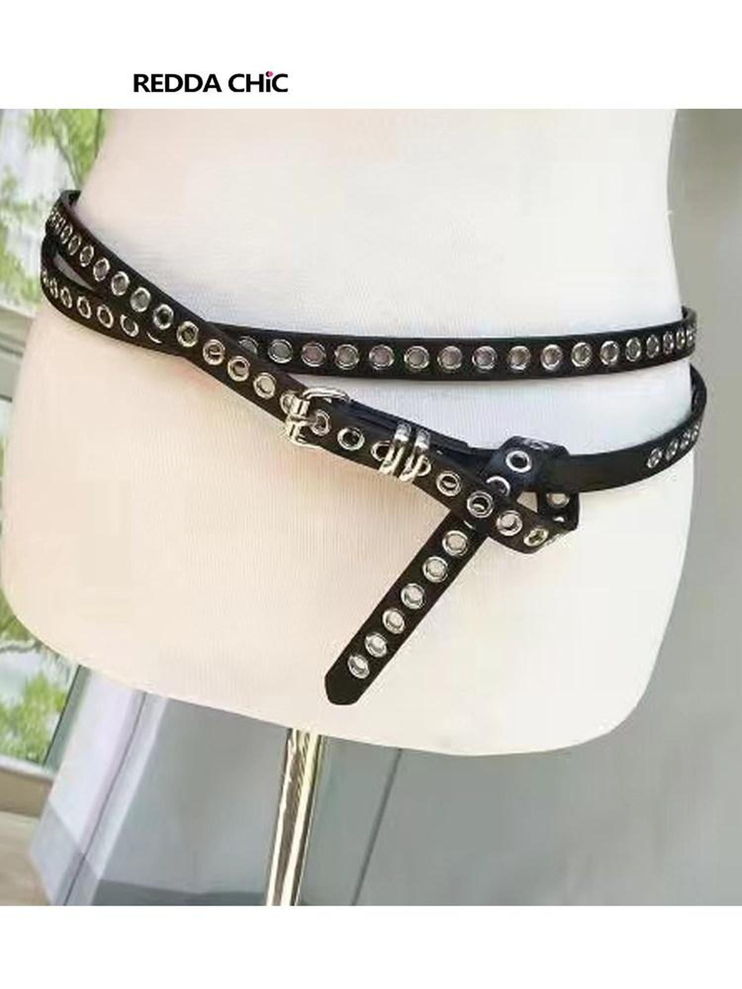 ReddaChic Studded Soft Pu Finish Versatile Belted Pin Buckle Young Women Denim Shorts