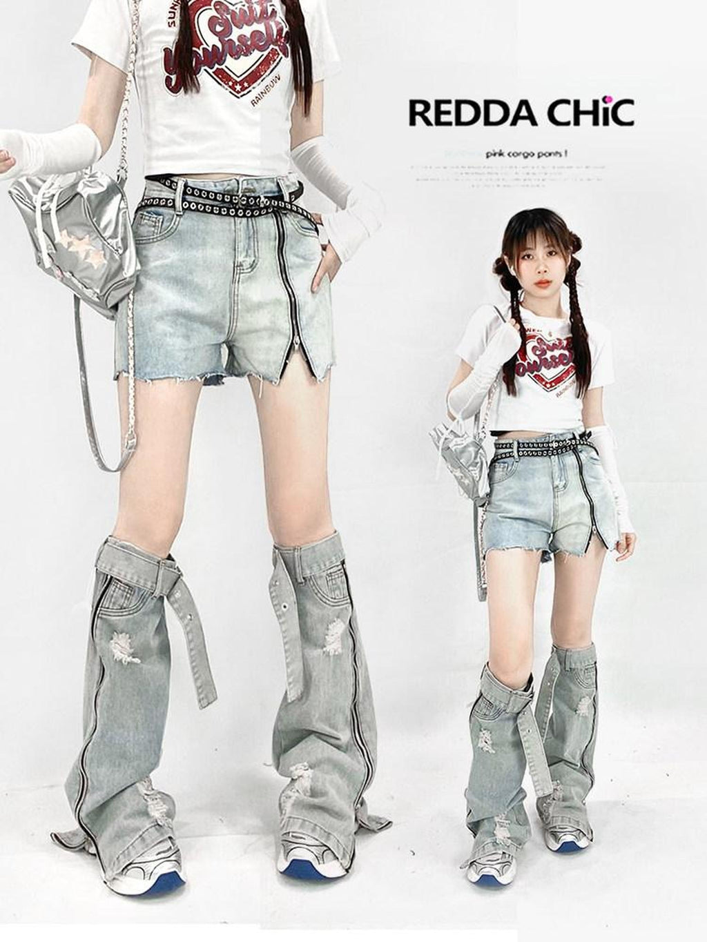 ReddaChic Studded Soft Pu Finish Versatile Belted Pin Buckle Young Women Denim Shorts