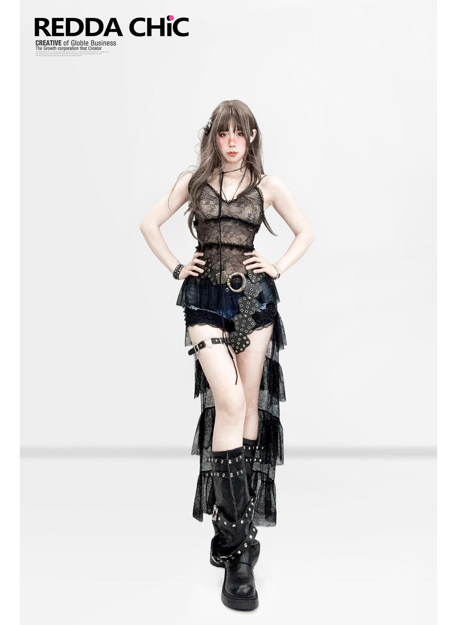 ReddaChic Sultry Black Lace Slim Fit Concert Ready Women Chic Strapless Midi Dresses